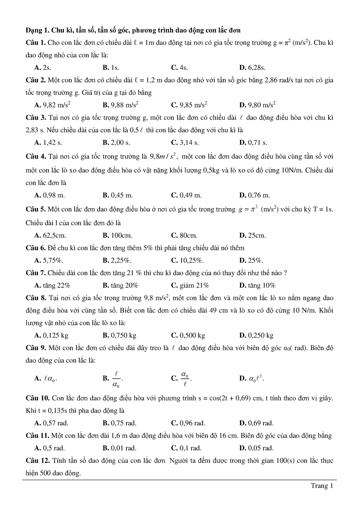 Dạng 1. Chu kì, tần số, tần số góc, phương trình dao động con lắc đơn ...