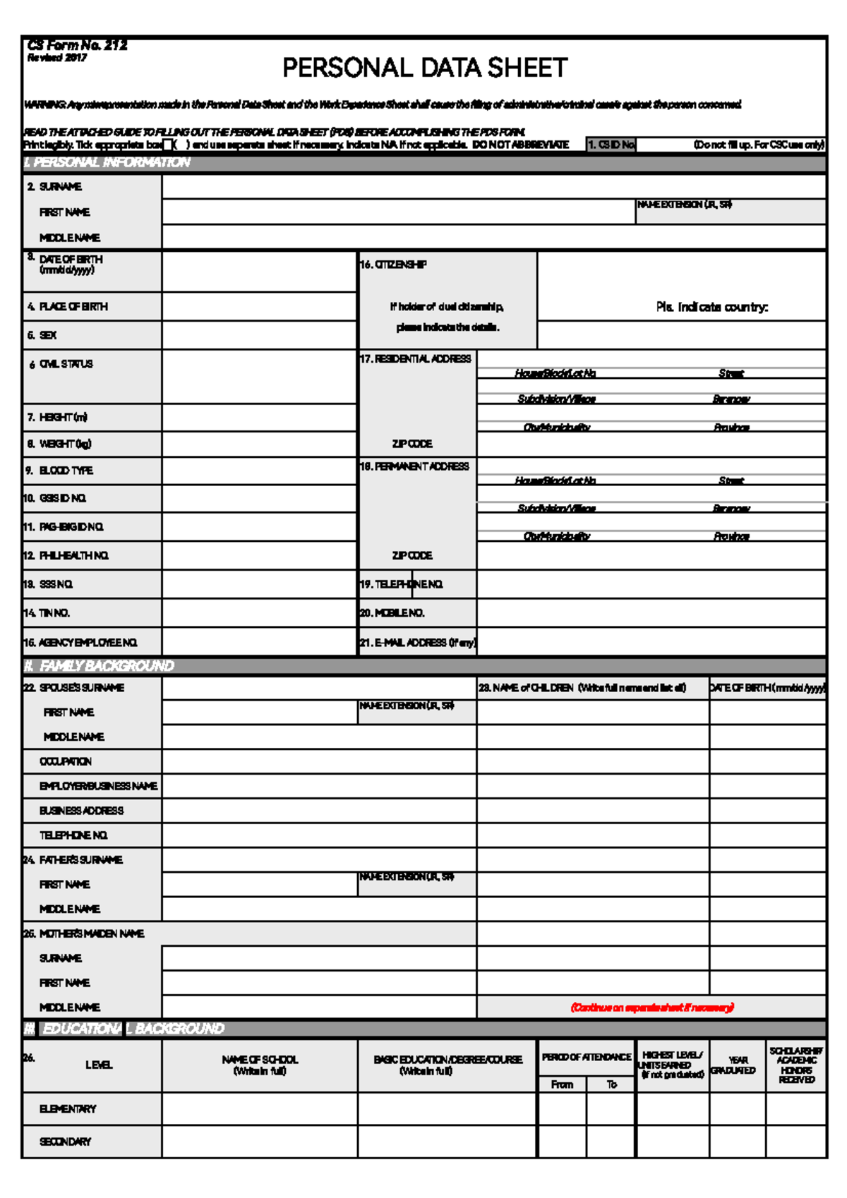 Personal literature PERSONAL DATA SHEET WARNING Any