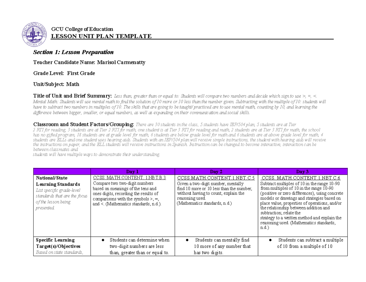 Benchmark Mathematics Unit Plan - Section 1: Lesson Preparation Teacher ...