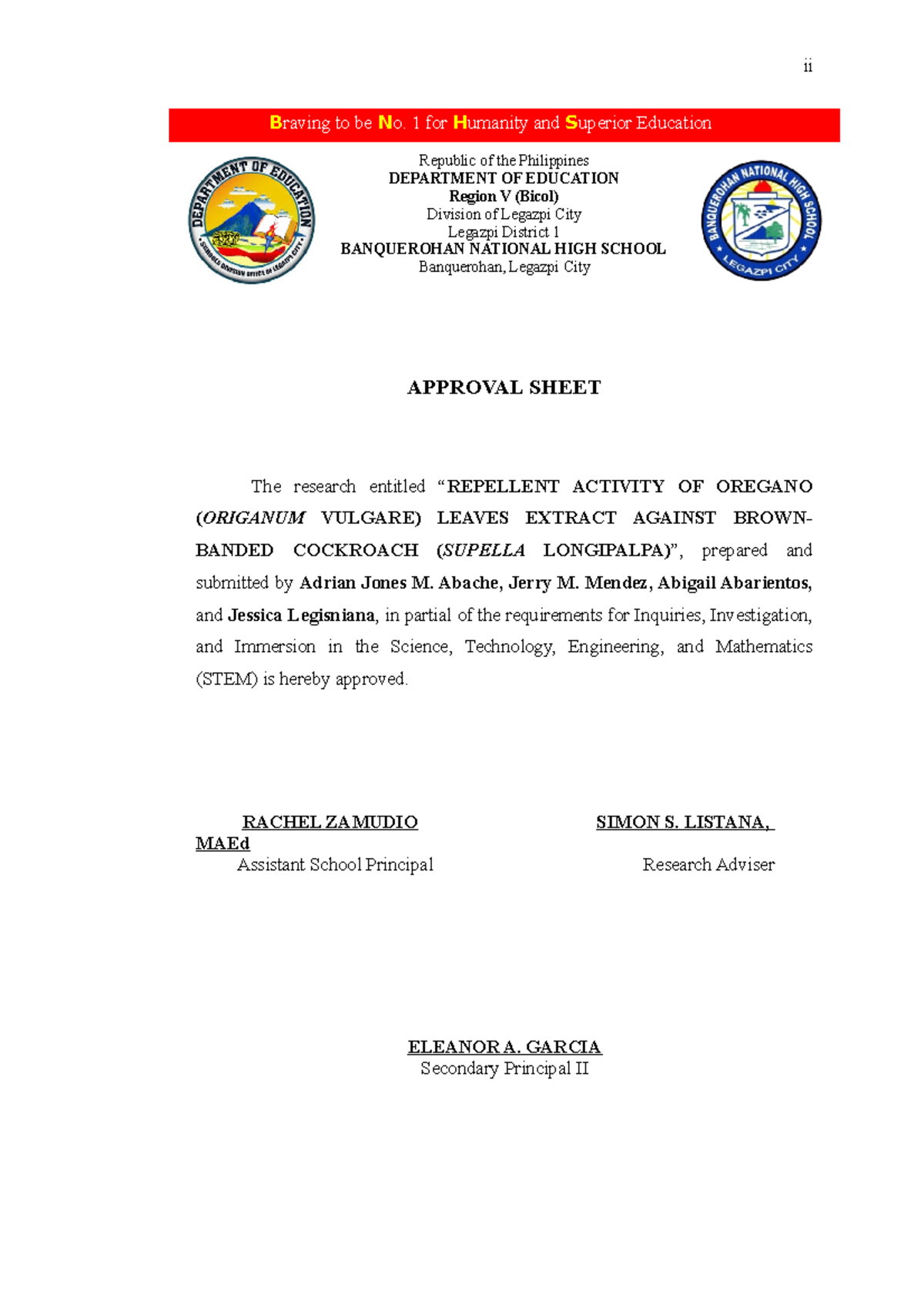 Research for pest control; Oregano extract as cockroach repellent ii