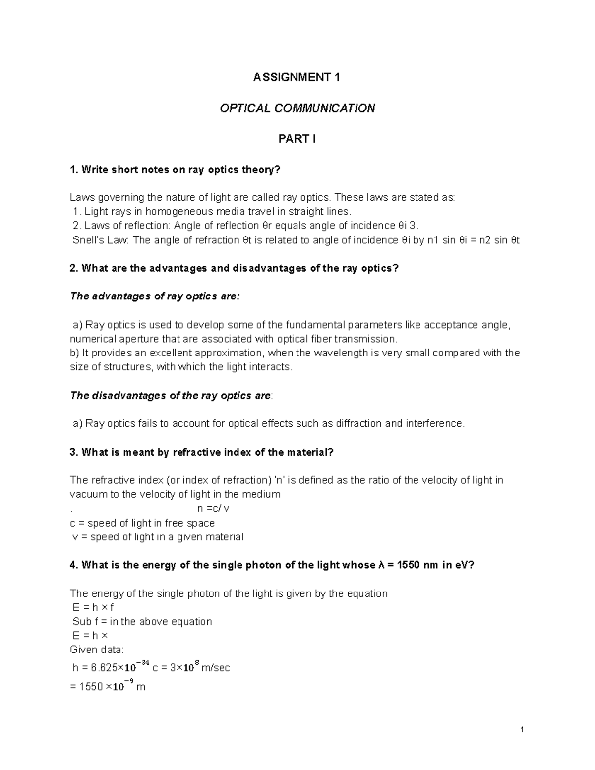 Optical Communication ASSIGNMENT 1 OPTICAL COMMUNICATION PART I 1