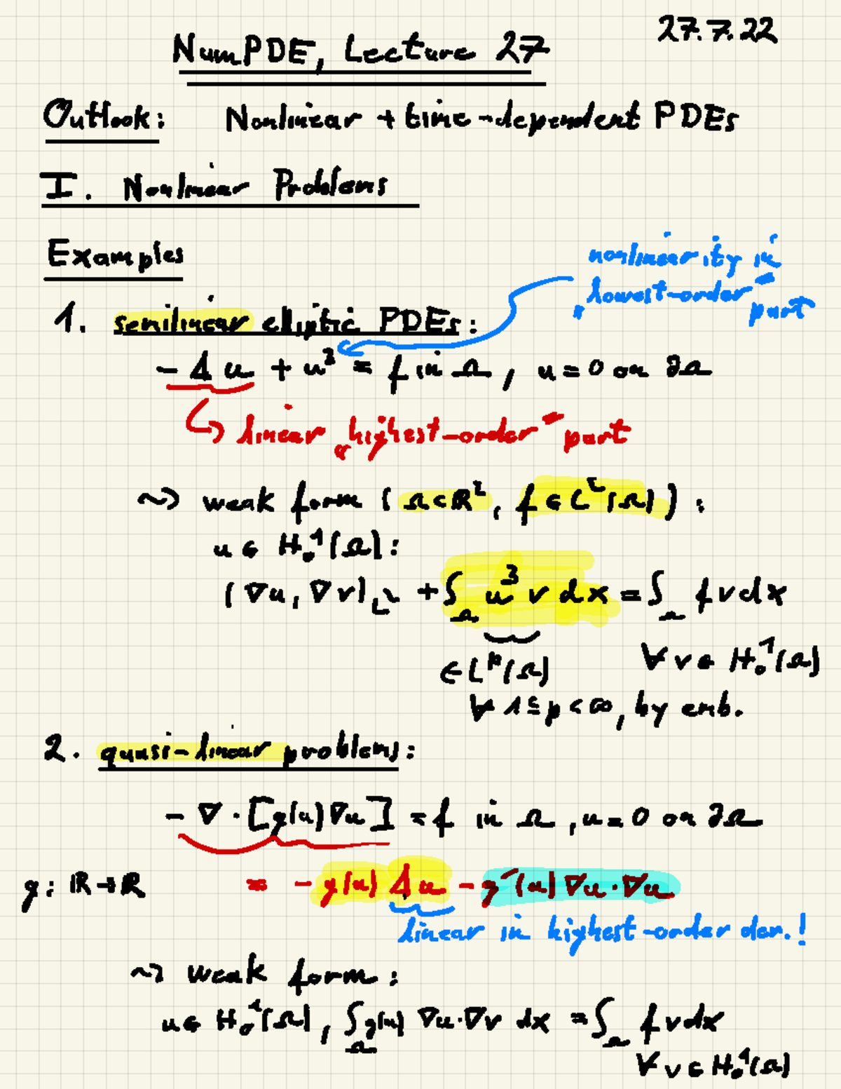 Lecture Notes 27 - NunPDE , Lecture 27 27. Outlook : Ncnliiear + Time ...