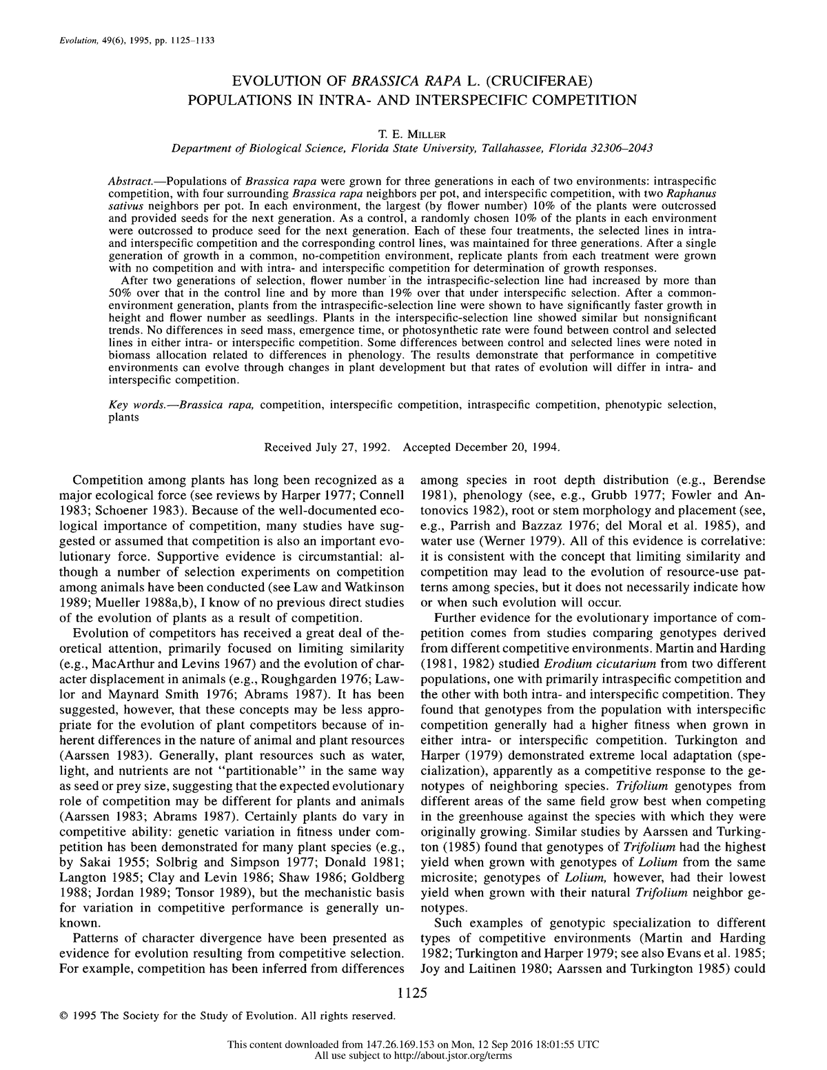 Miller 1995 - Summary Composition - Evolution, 49(6), 1995, Pp. 1125 