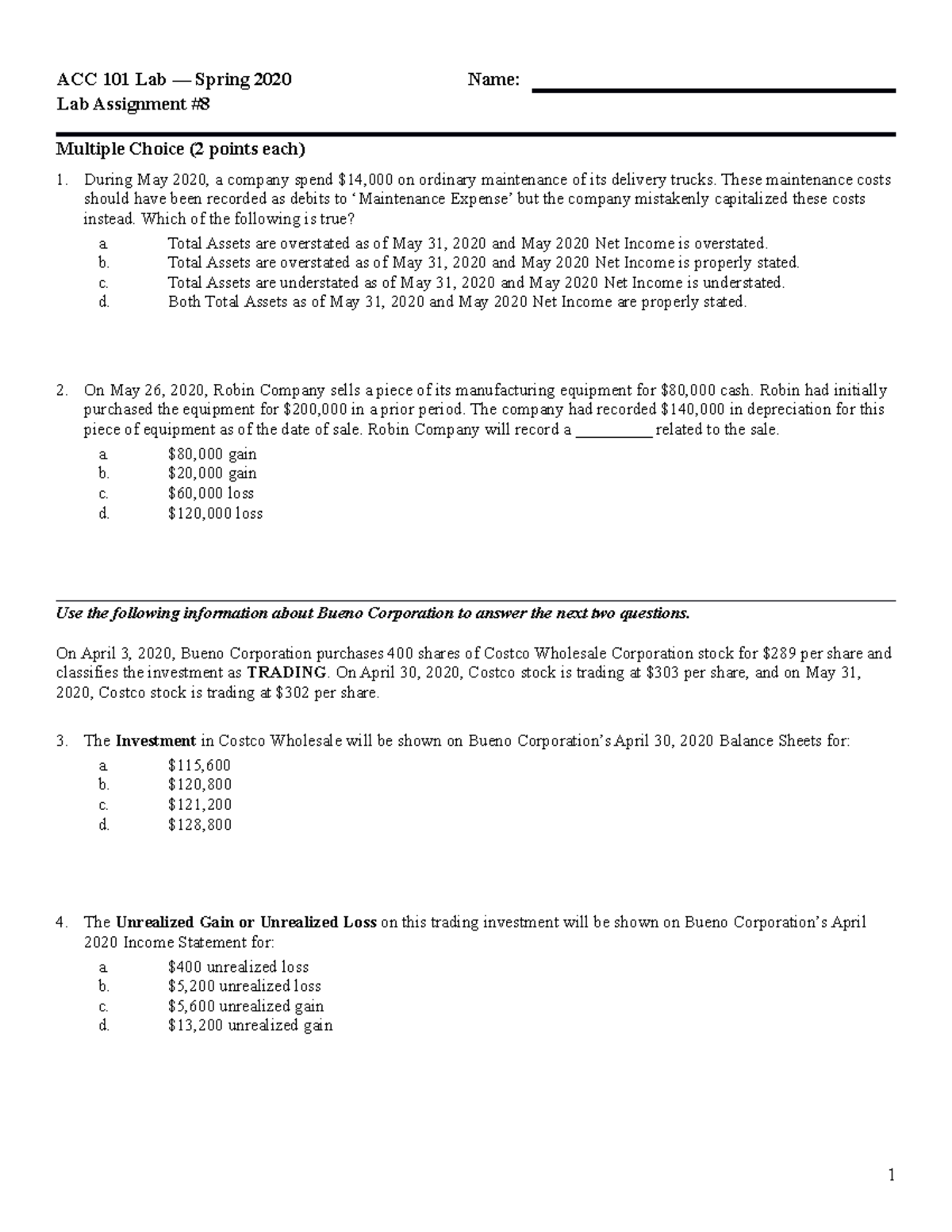 Lab 8 spring 2020 - Lab 8 - ACC 101 Lab — Spring 2020 Name: Lab ...