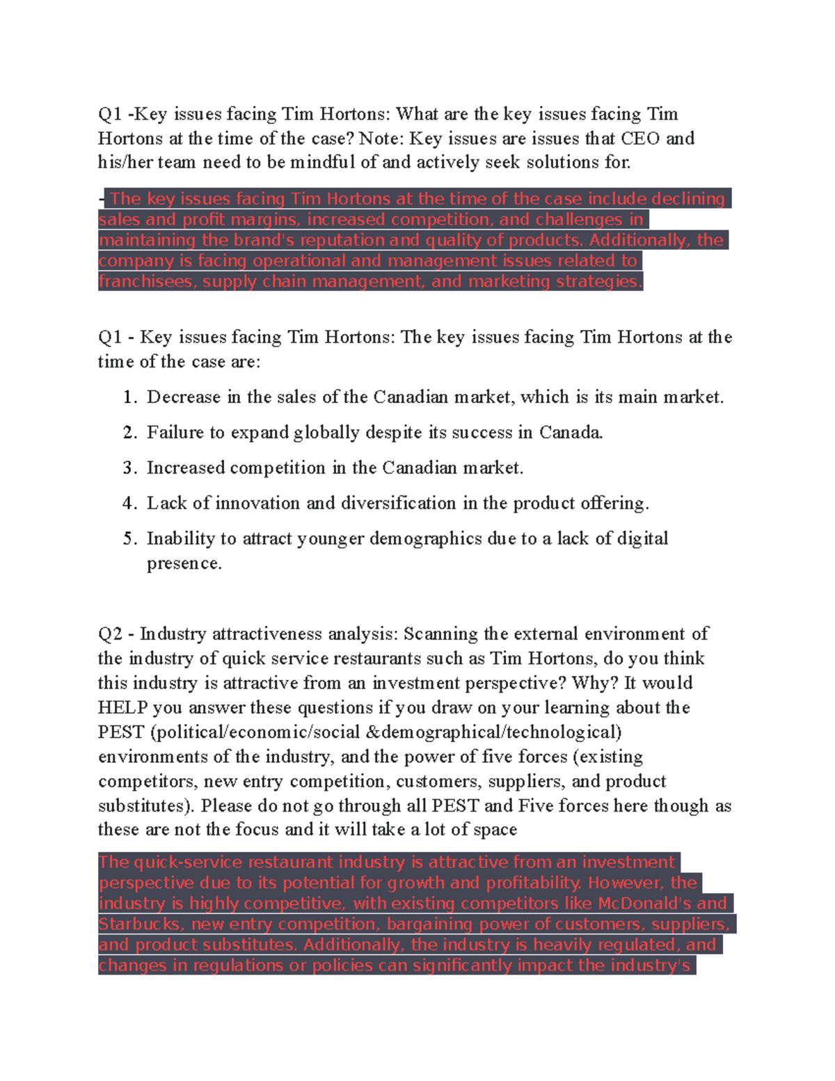 Tim Hortons Case Intb 2200 - Q1 -Key issues facing Tim Hortons: What ...