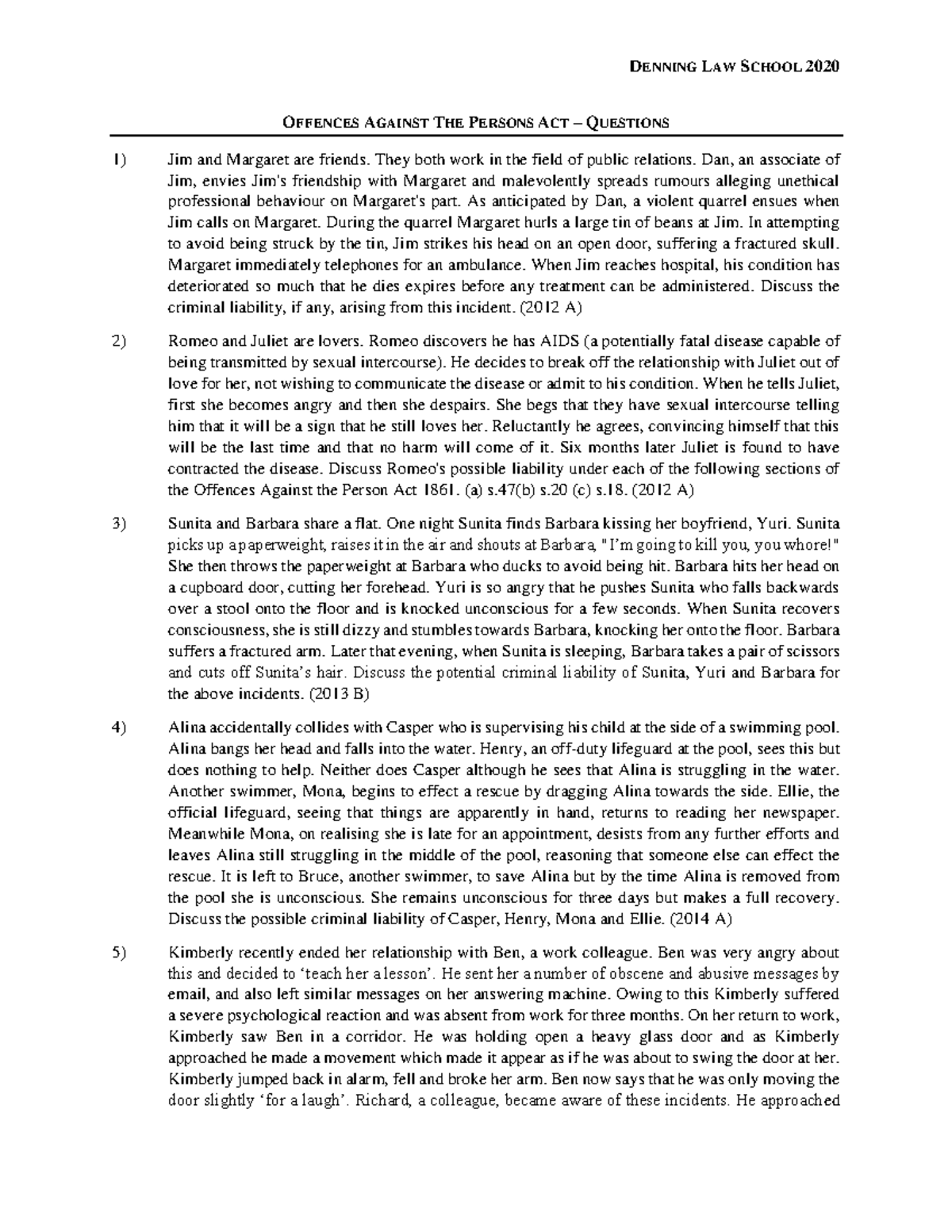 OAPA DENNING LAW SCHOOL 2020 OFFENCES AGAINST THE PERSONS ACT 