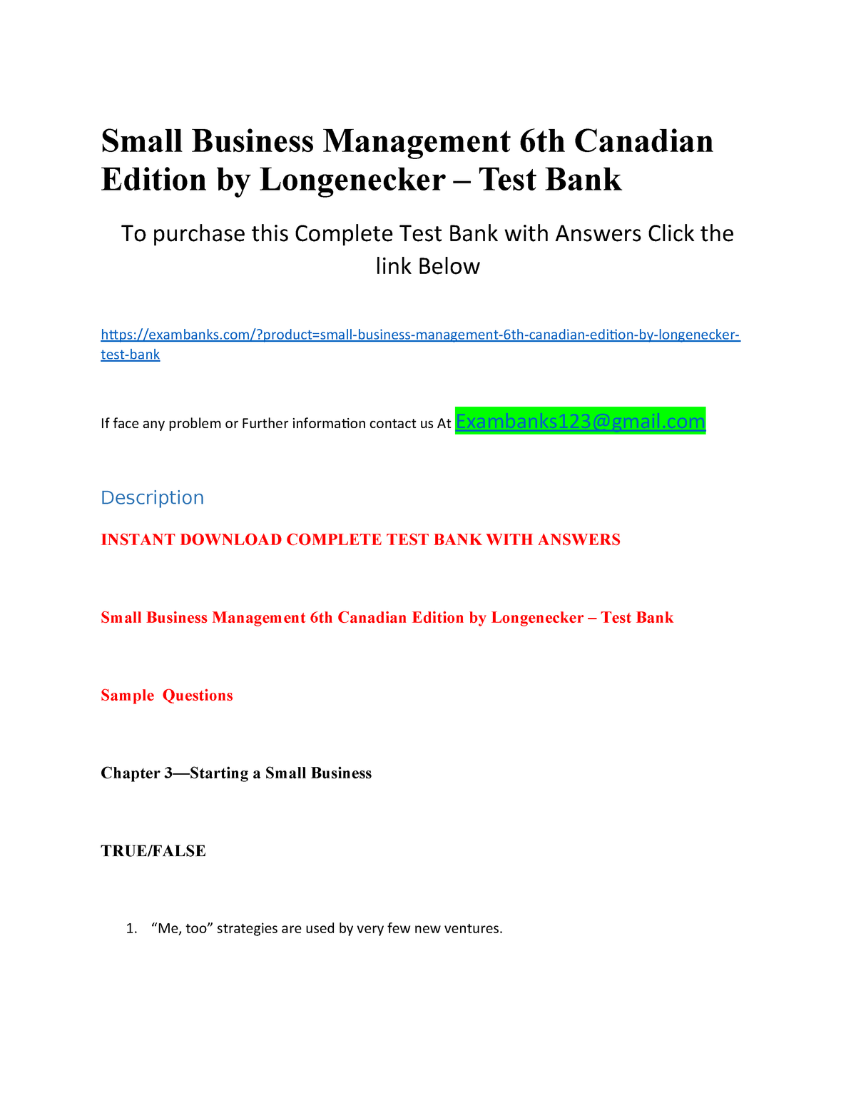 Small Business Management 6th Canadian Edition by Longenecker Test Bank Small StuDocu