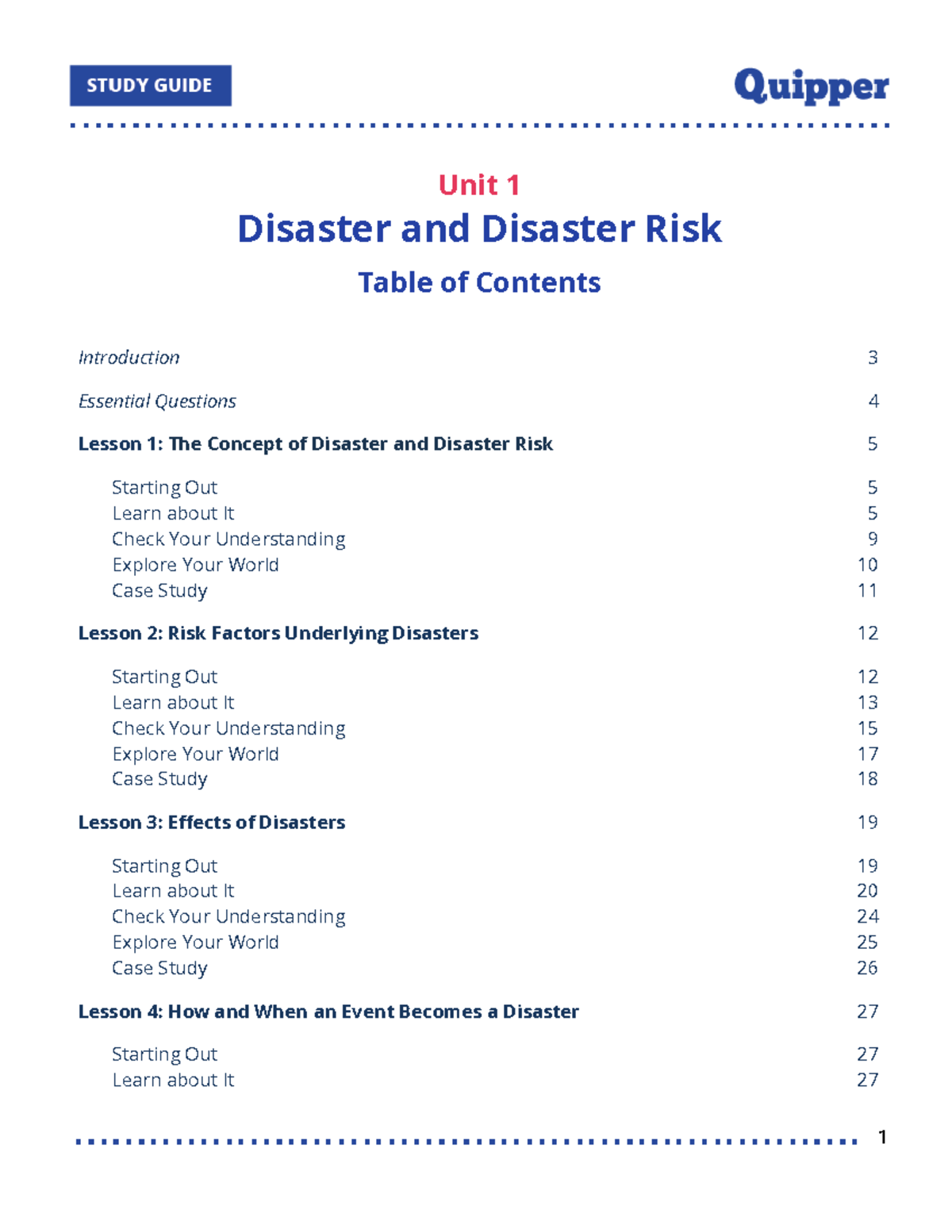 Disaster risk prelim DRRR - Unit 1 Disaster and Disaster Risk Table of ...