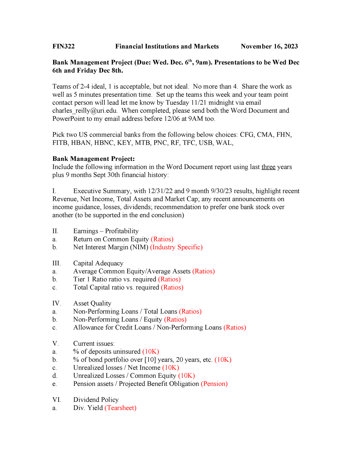 BUS322 Bank Assignment- Fall2023 W Guidance - FIN322 Financial ...