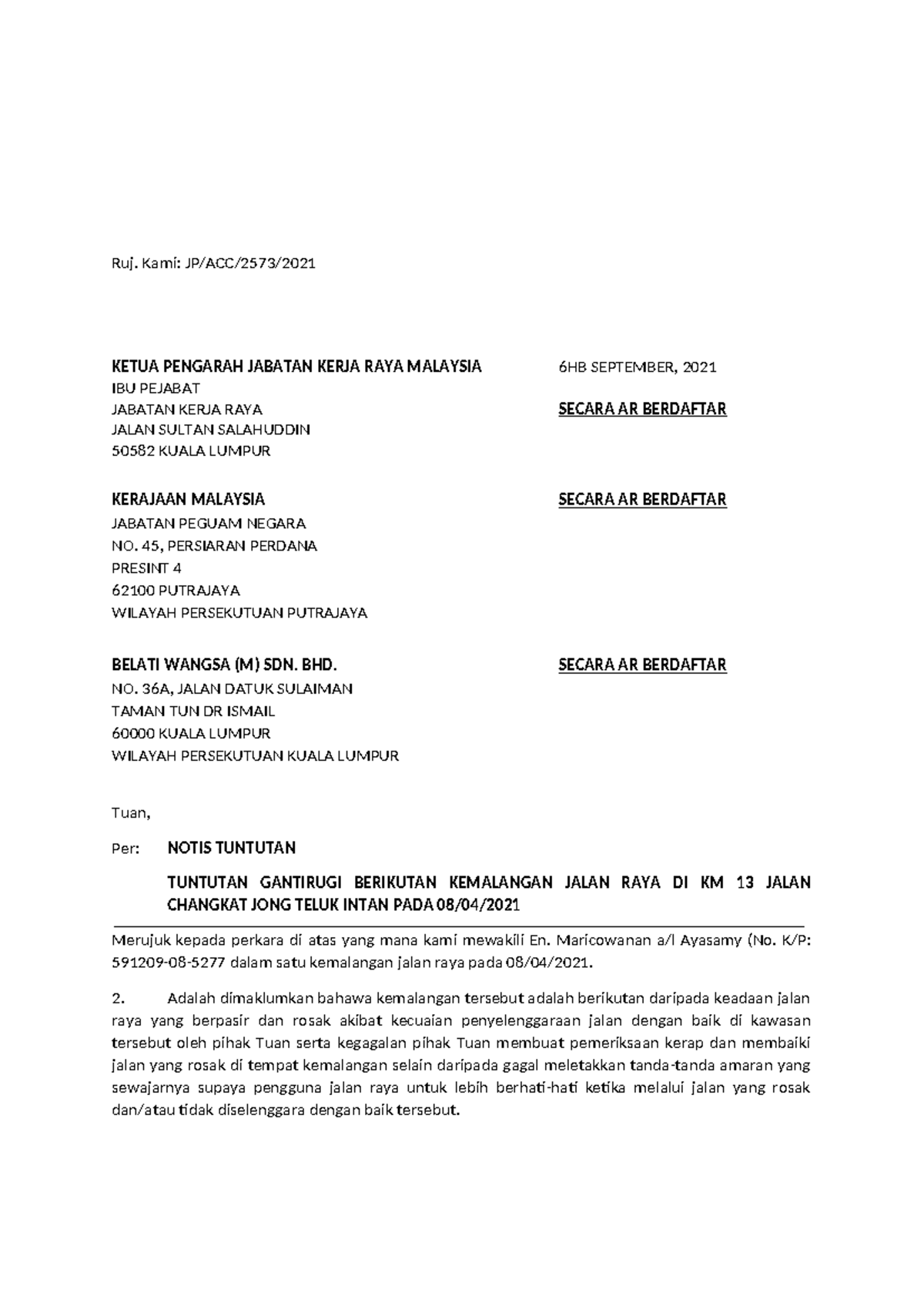 Sample Letter Notice of Demand (JKR matter) Maricowanan - Ruj. Kami: JP ...