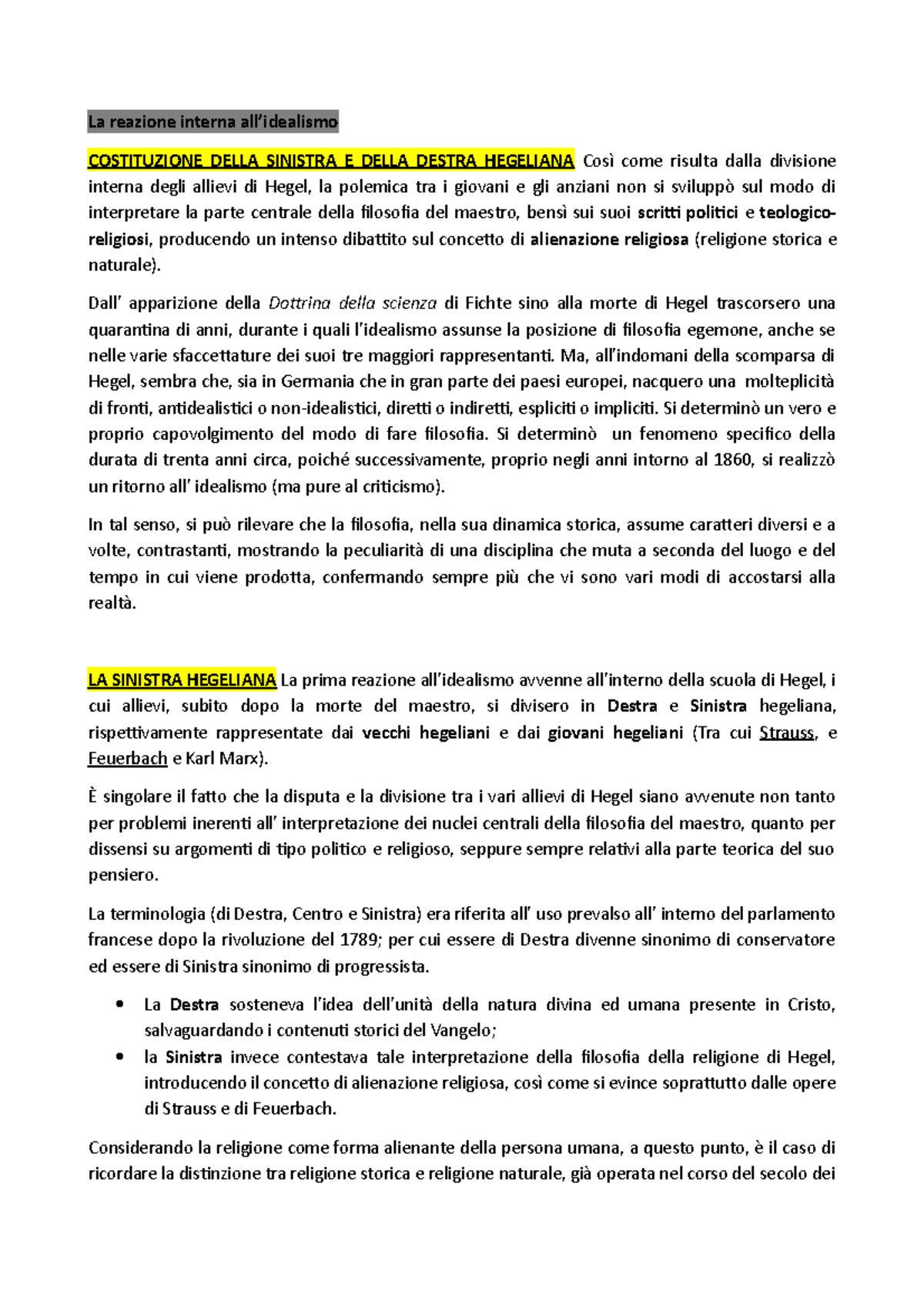 Riassunto Strauss E Feuerbach La Reazione Interna Allidealismo Costituzione Della Sinistra E