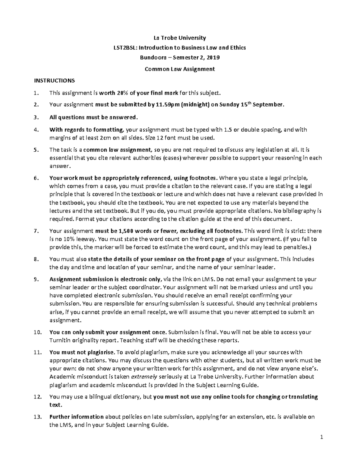 Lst2bsl Semester 2 2019 Common Law Assignment Questions And Lst2bsl Semester 2 2019 Common Law Assignment Questions And