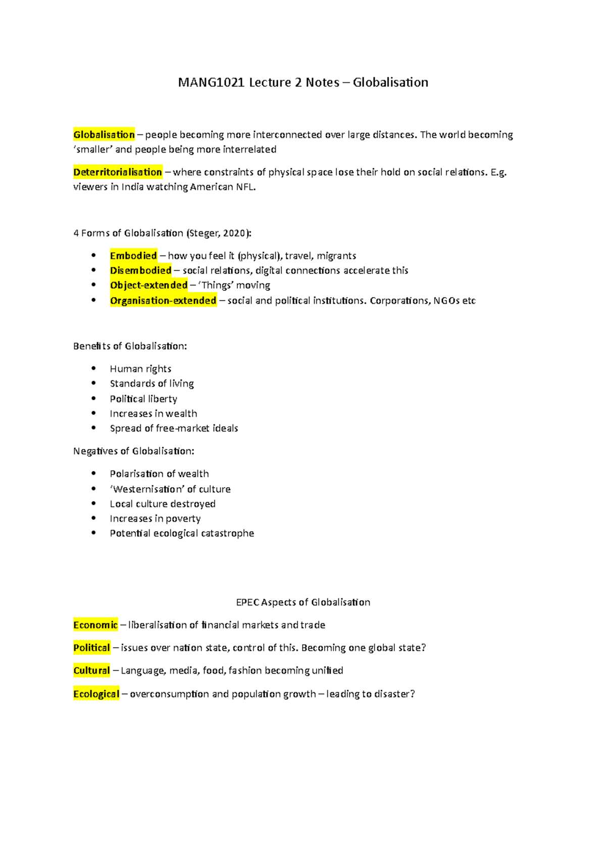 MANG1021 Lecture 2 Notes - MANG1021 Lecture 2 Notes – Globalisation ...