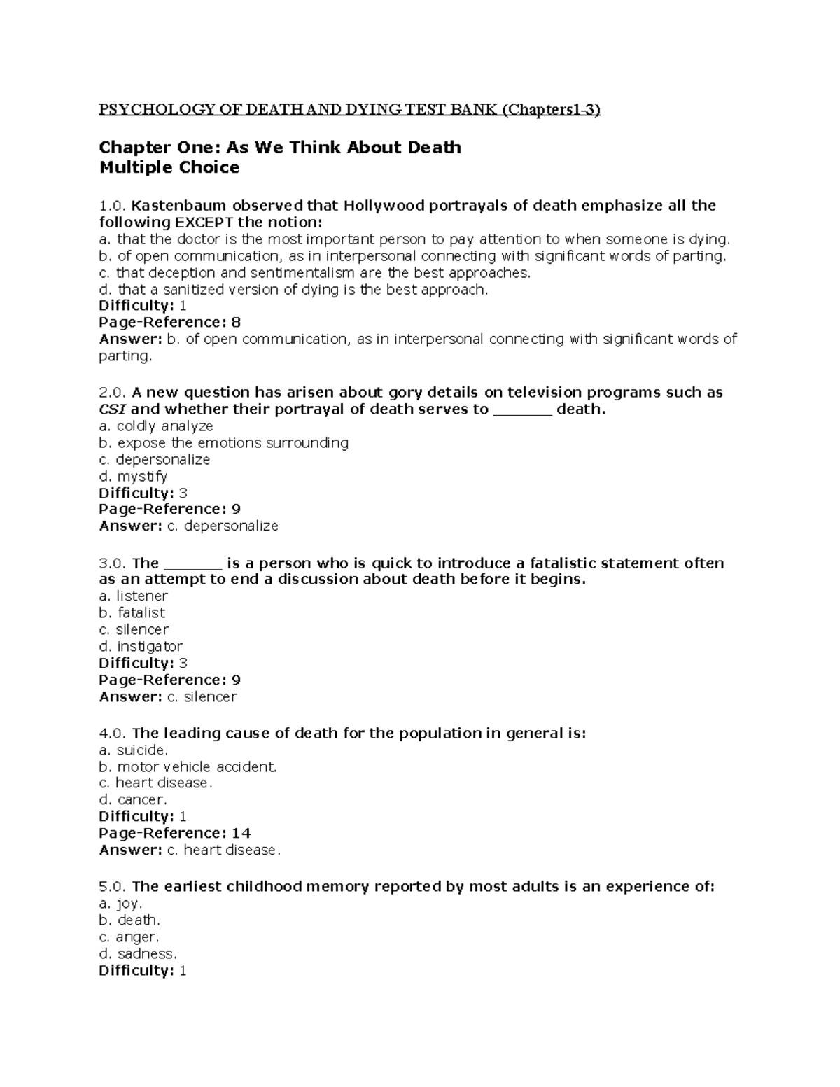 Psychology OF Death AND Dying TEST BANK chapters 13 Psyc3570 U of