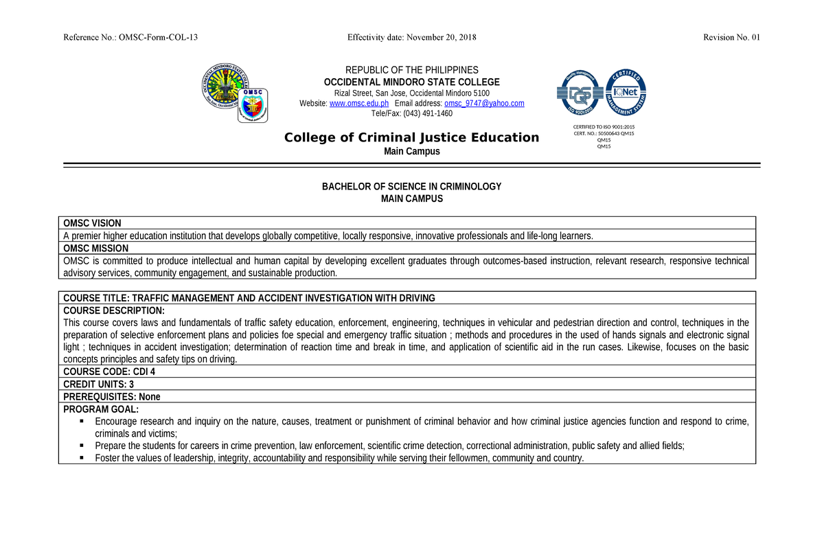 Syllabus Traffic Management Edited - CERTIFIED TO ISO 9001: CERT. NO ...