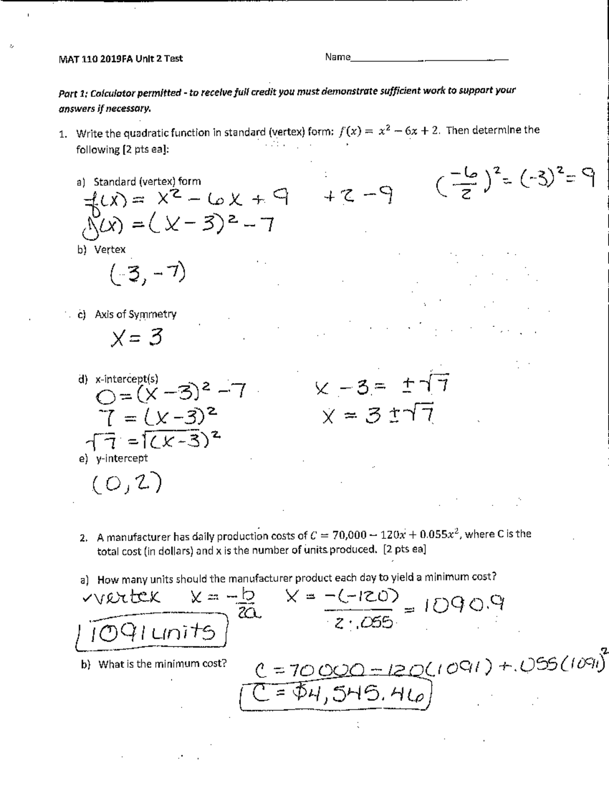 MAT 110-101 Test 2 Solutions - MAT 110 - Studocu