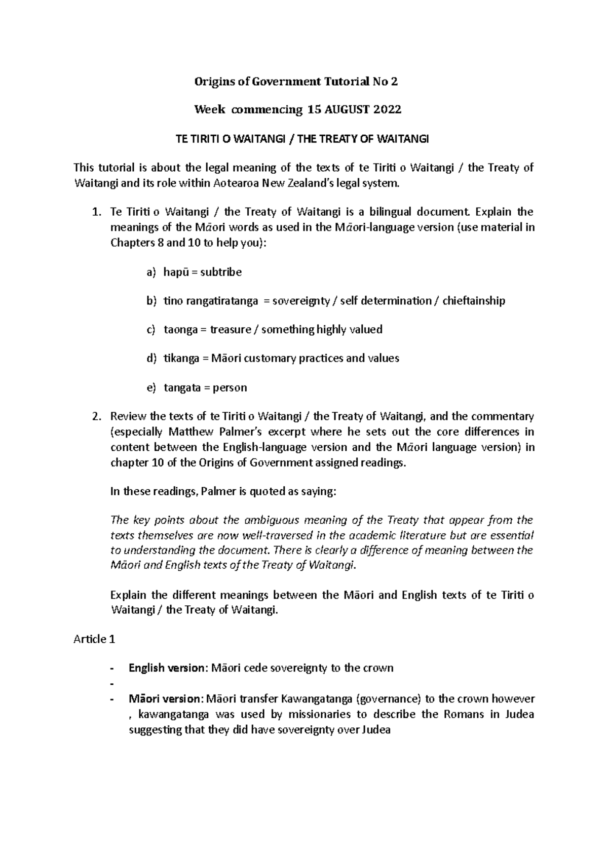 2022 Origins tutorial 6 S2 - Origins of Government Tutorial No 2 Week ...