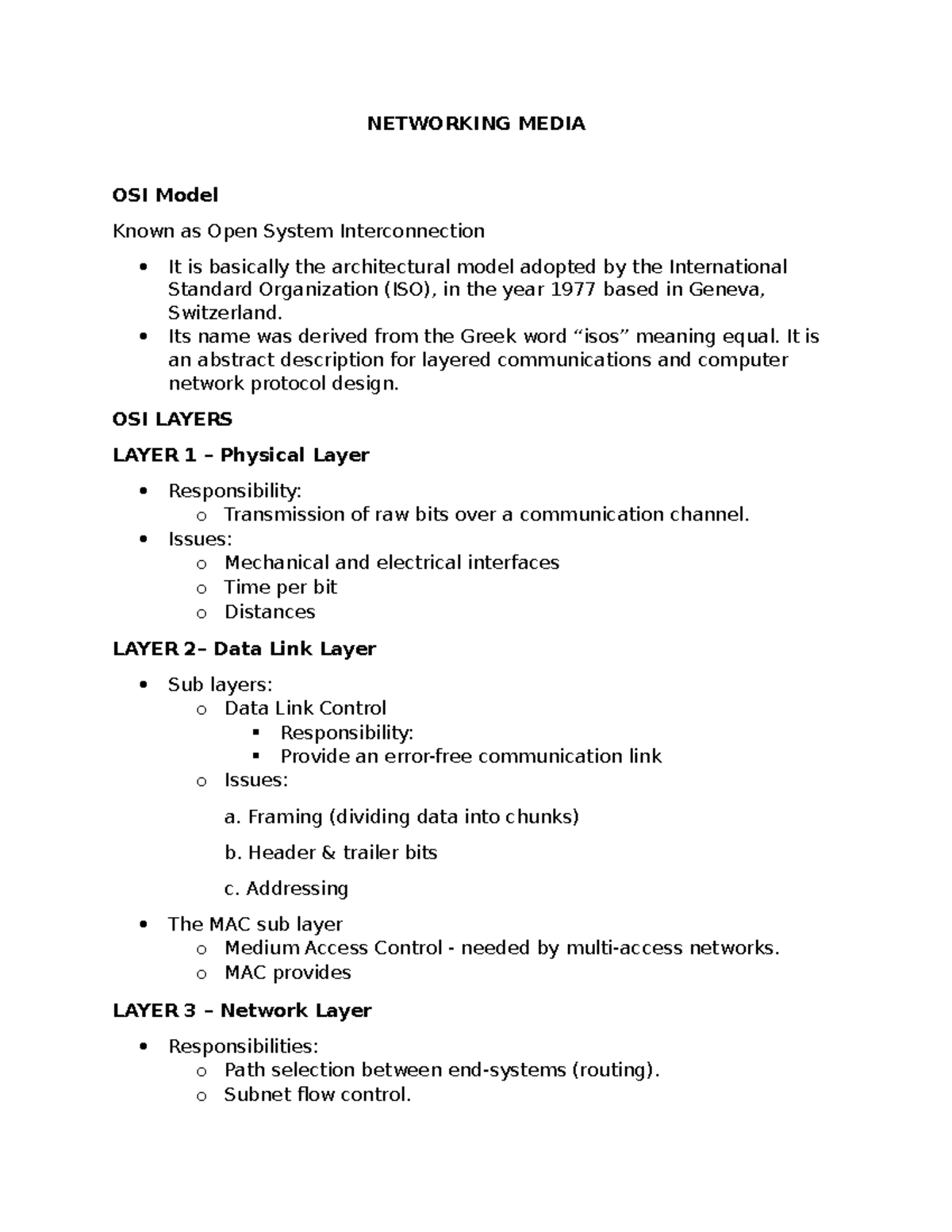 Networking media - OSI Model Known as Open System Interconnection It is ...