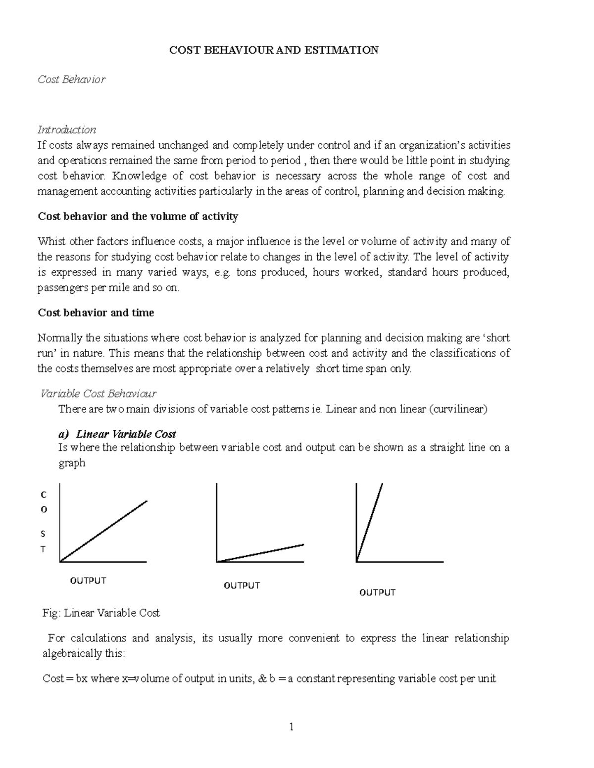 COST Behaviour AND Estimation - COST BEHAVIOUR AND ESTIMATION Cost ...