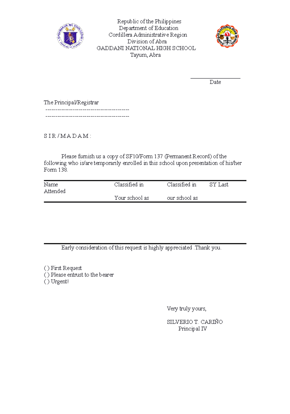 Request of Form 137 - ,, - Republic of the Philippines Department of ...
