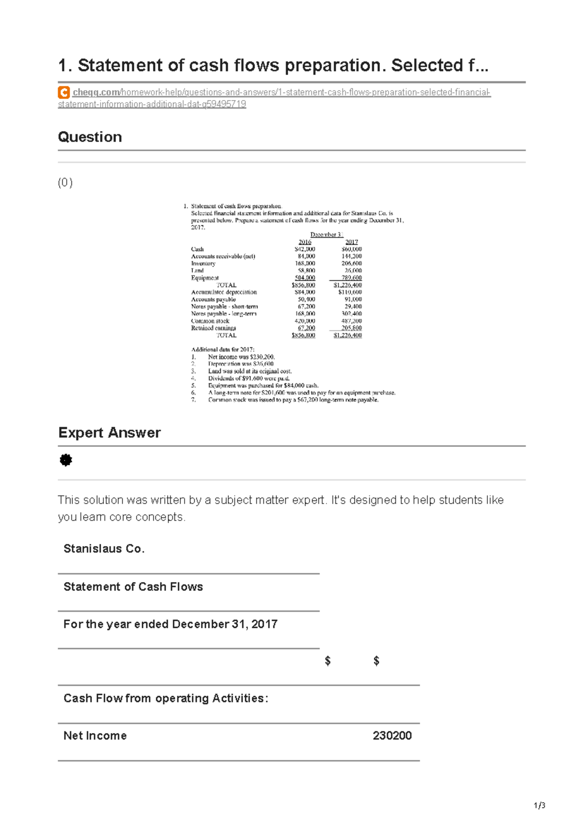 Chegg.com-1 Statement of cash flows preparation Selected f - 1/ 1 ...
