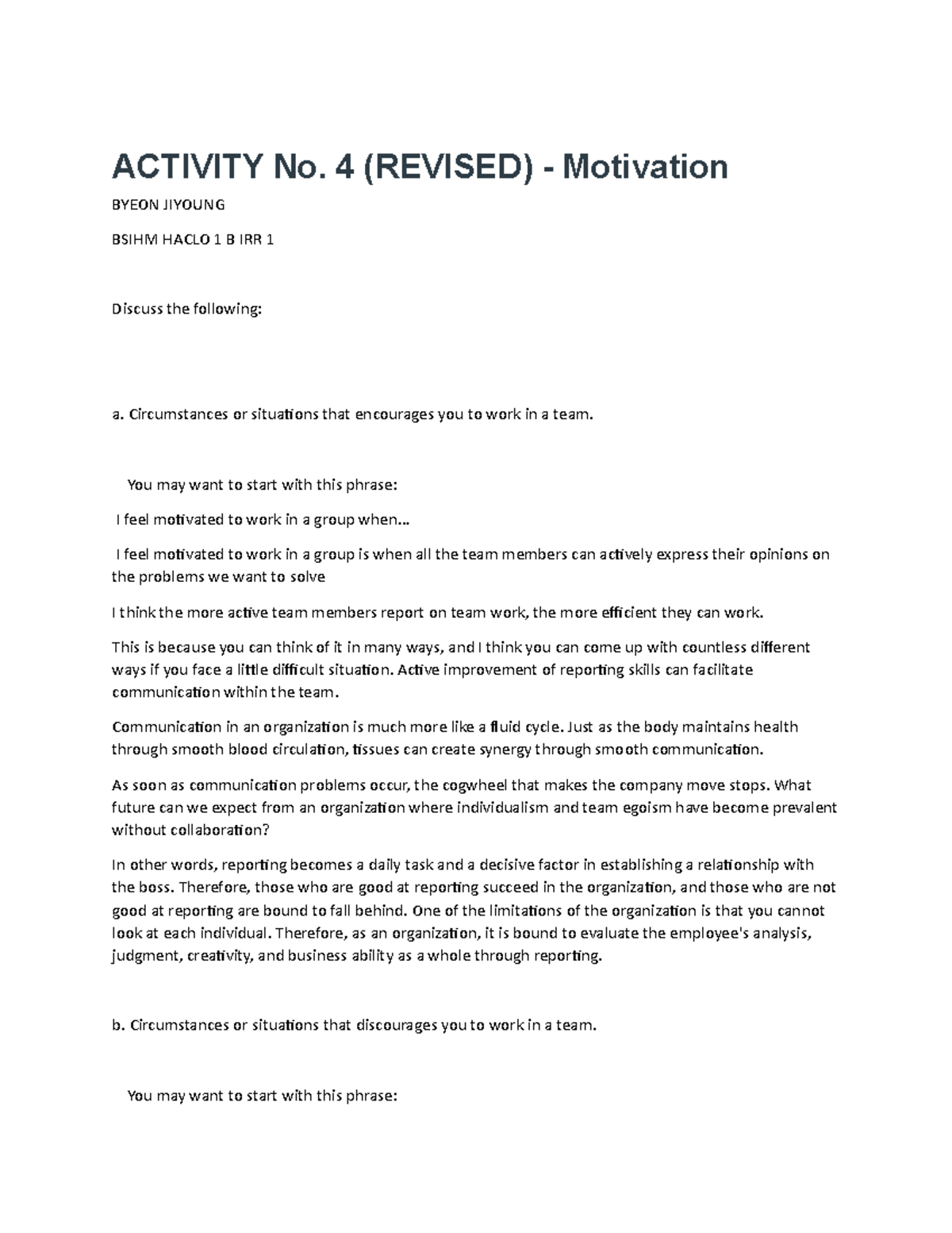 VRTS Motivation dsfsdf ACTIVITY No. 4 (REVISED) Motivation BYEON
