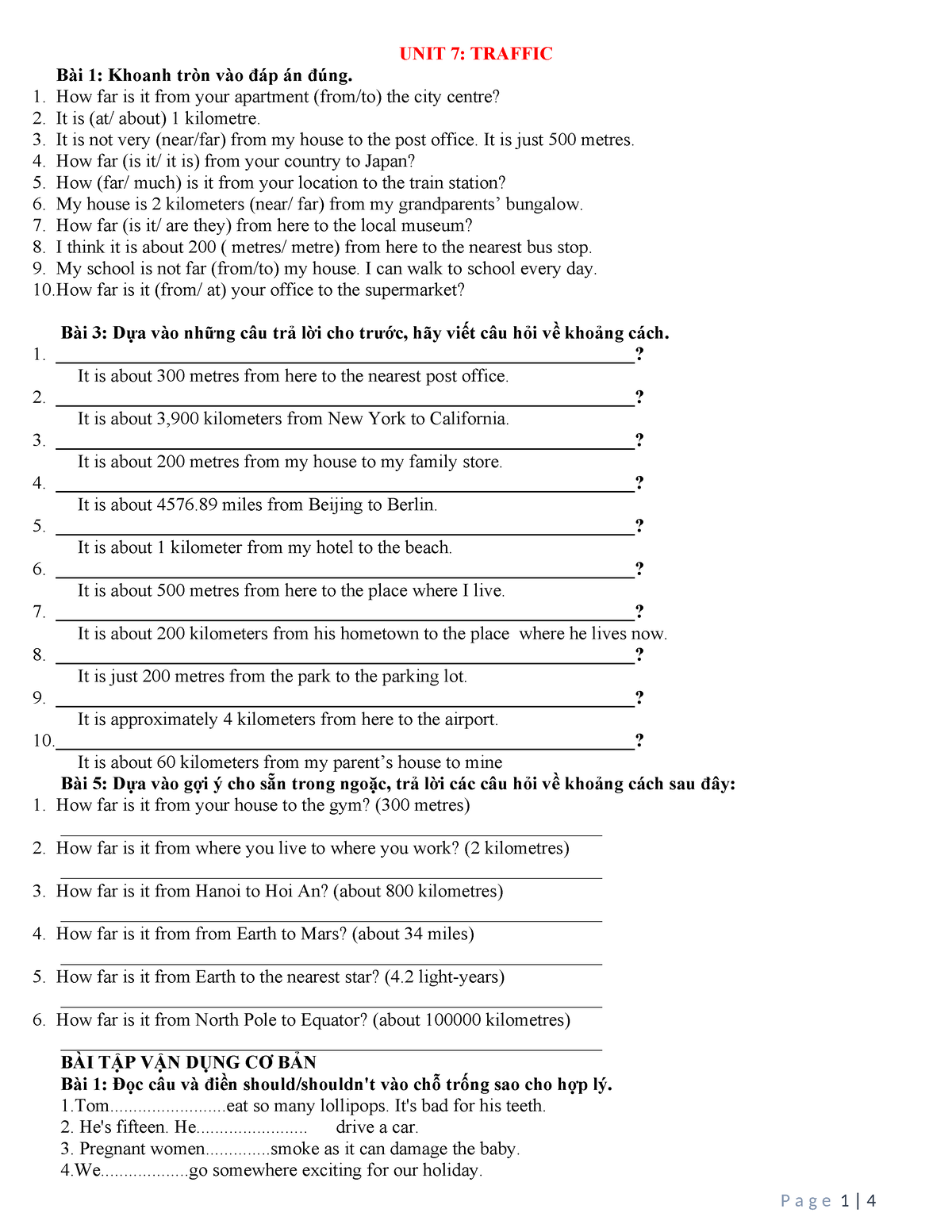 UNIT 7-lop 7- trung tam - Exercises unit 7 - UNIT 7: TRAFFIC Bài 1 ...