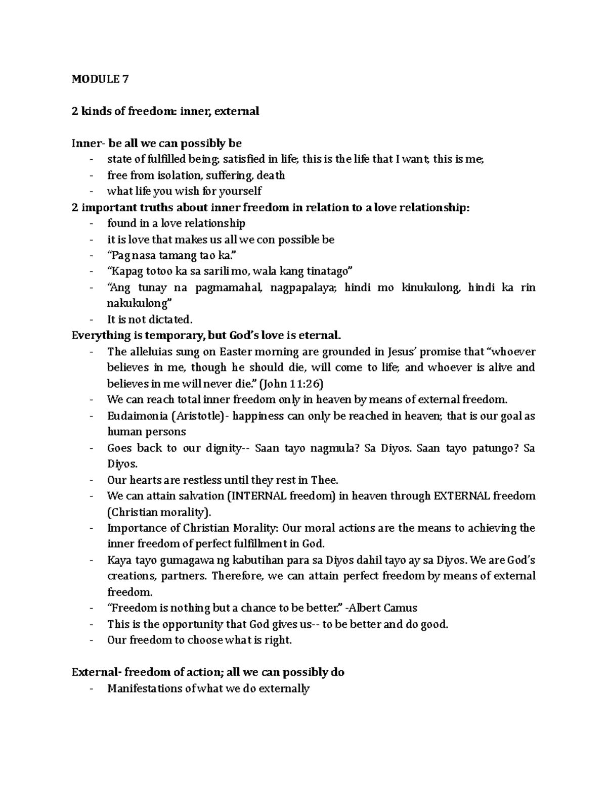 MID-TH4- Notes - MODULE 7 2 kinds of freedom: inner, external Inner ...