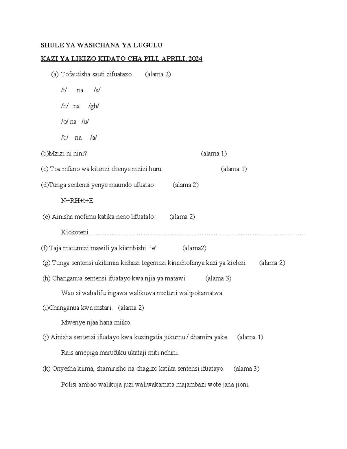 Kazi Ya Likizo Kidato Cha 2, 2024 - SHULE YA WASICHANA YA LUGULU KAZI ...