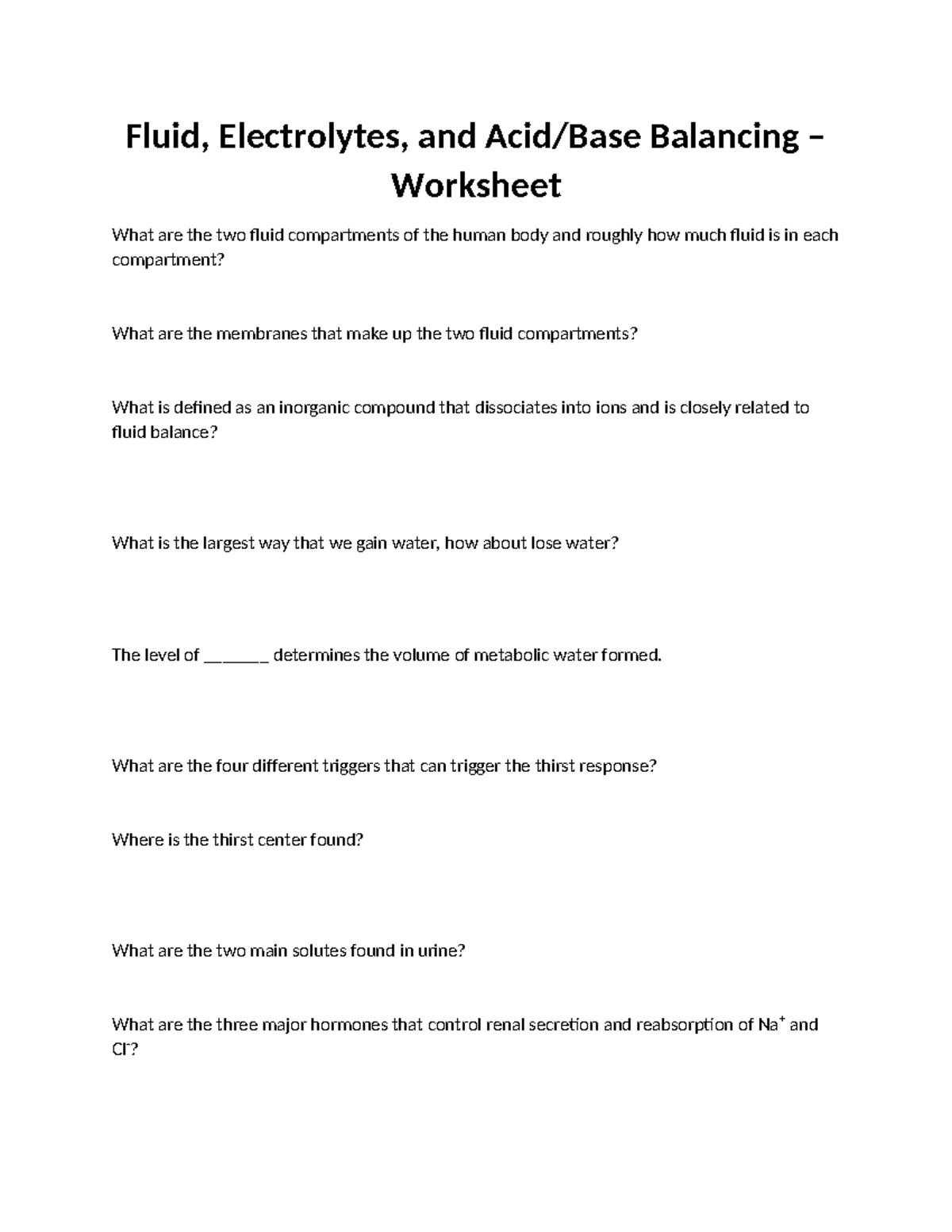 Fluid, Electrolytes, and Acid Base Balancing Worksheet - Fluid ...