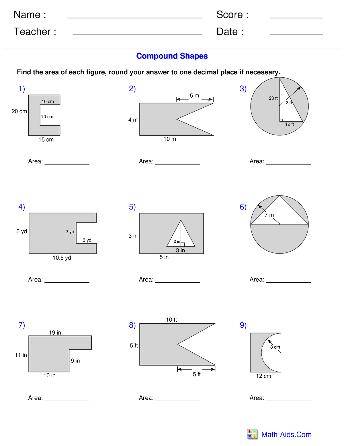 Geom area compound Sub - Poo rae - Name : Teacher : Date : Score : Math ...