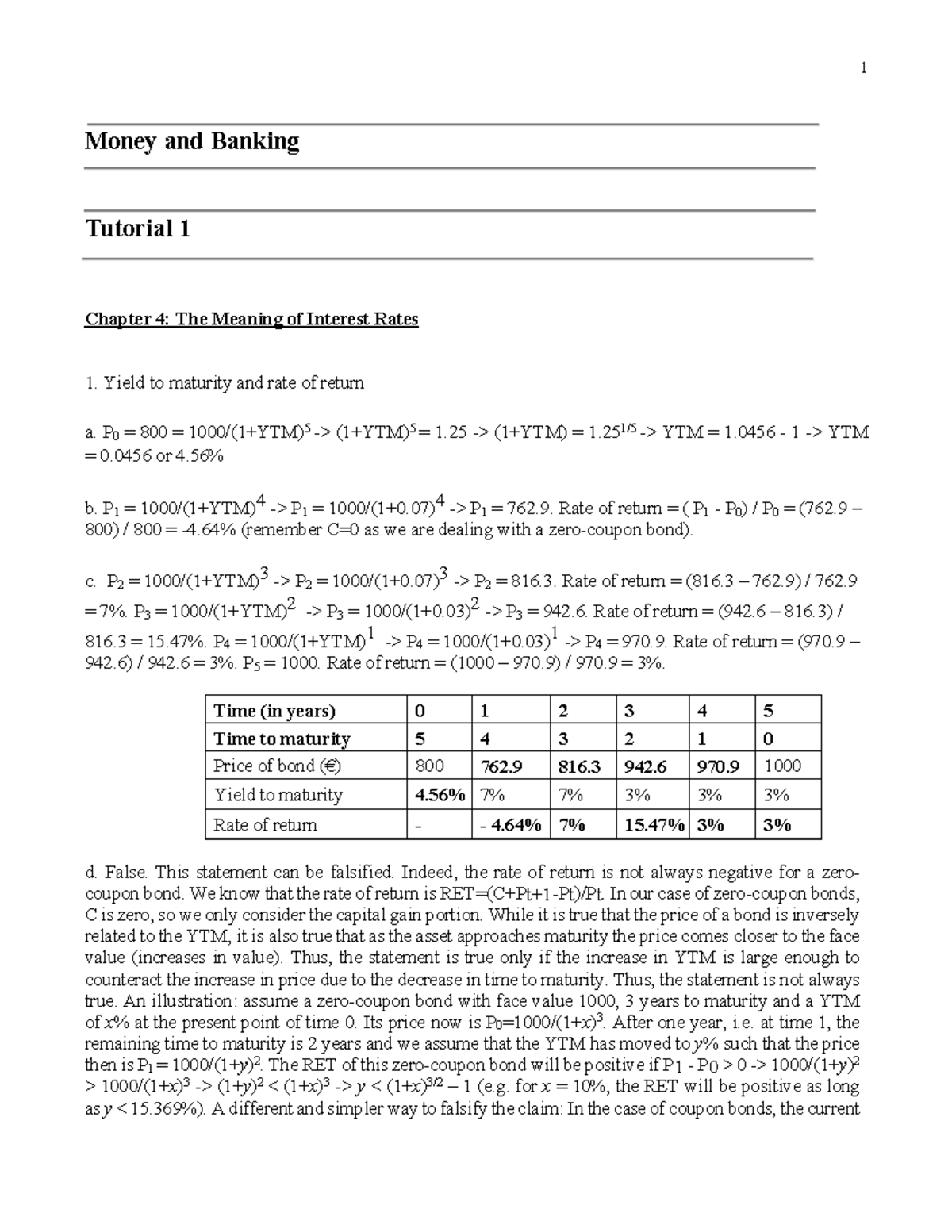 Money and Banking Week 1 Tutorial 1 answers UvA Studeersnel