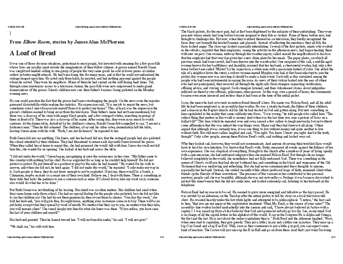 Loaf english ] From Elbow Room, stories by James Alan McPherson A