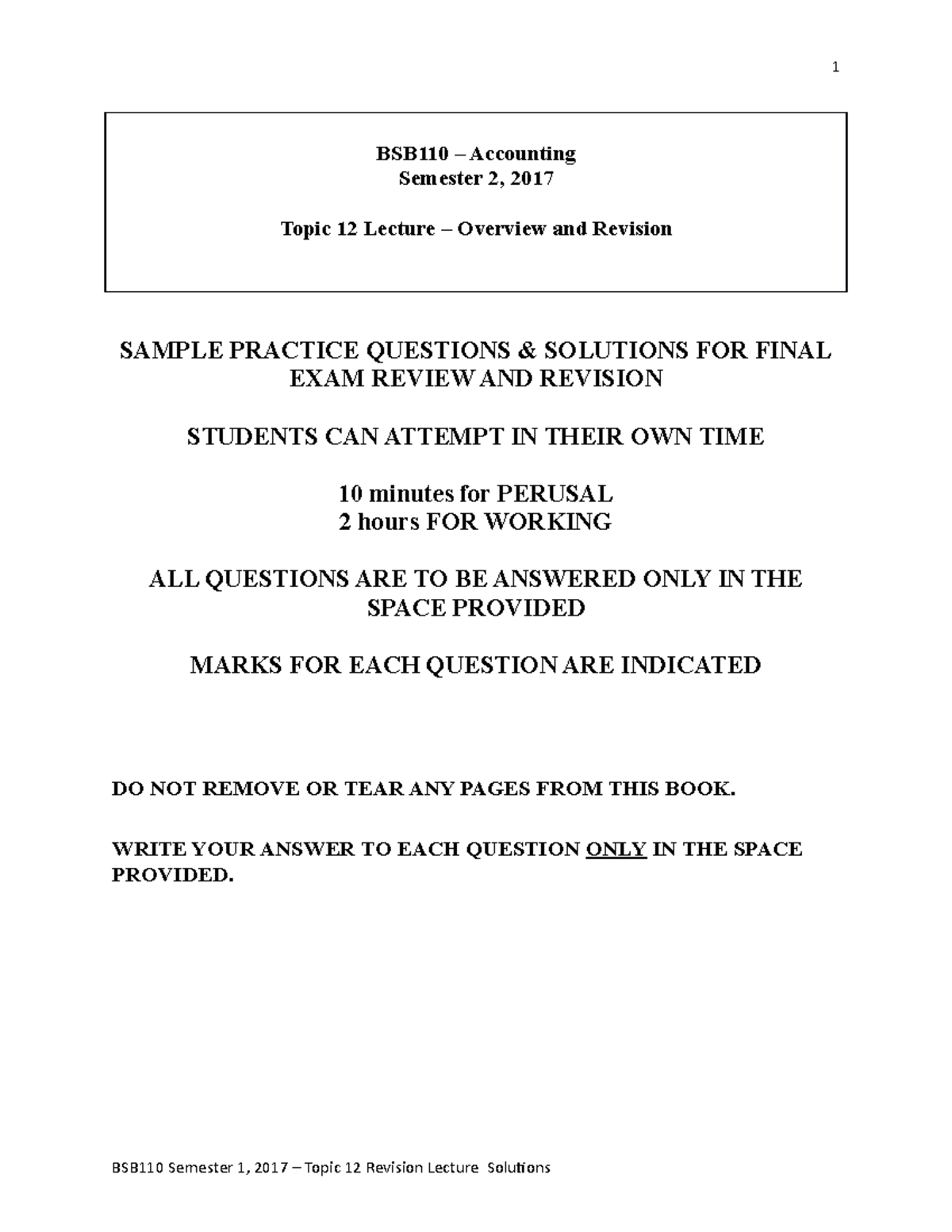 PRACTISE EXAM WITH QUESTIONS AND ANSWERS/WORKING OUT - BSB110 ...