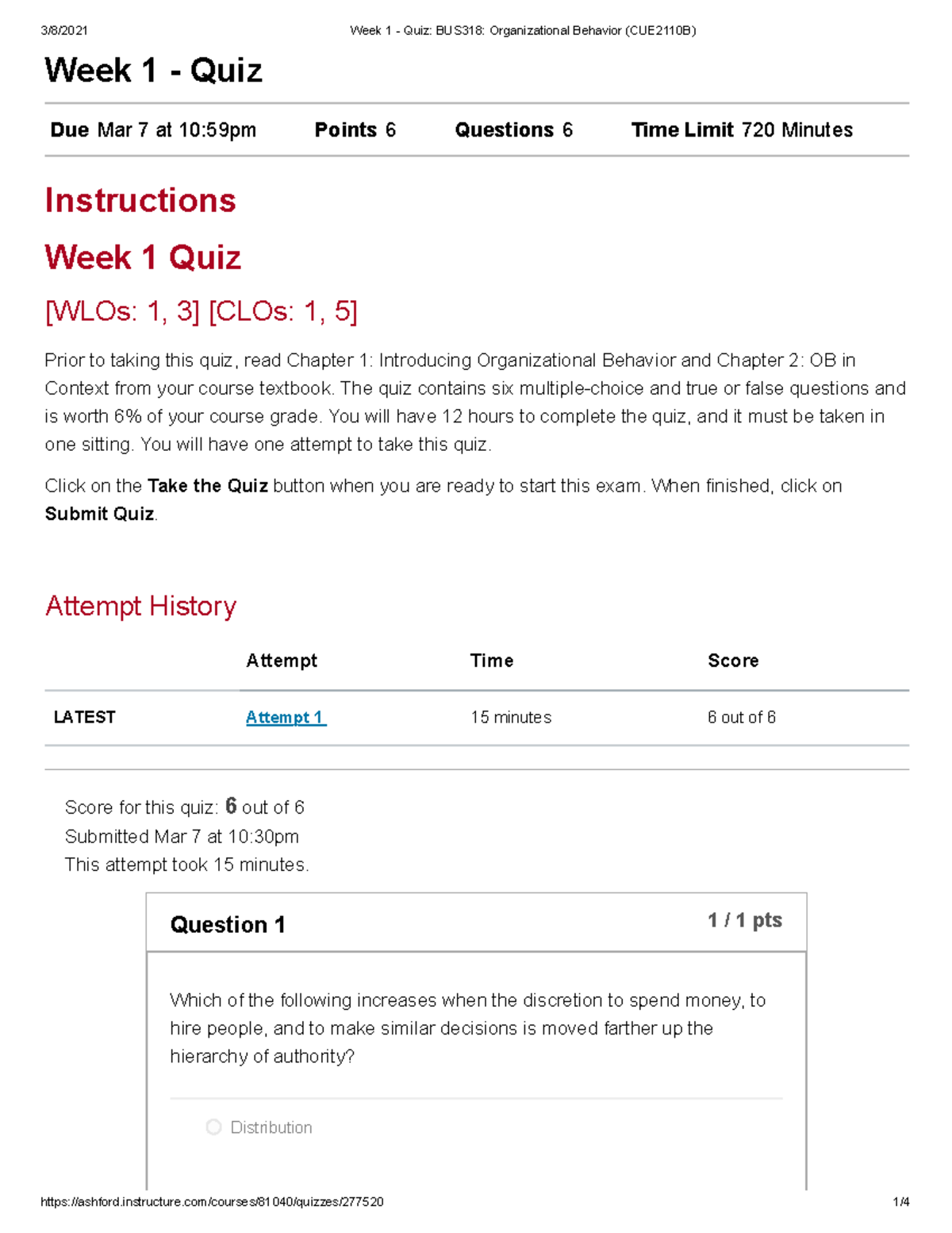 Week 1 - Quiz BUS318 Organizational Behavior (CUE2110B)2 - Week 1 ...