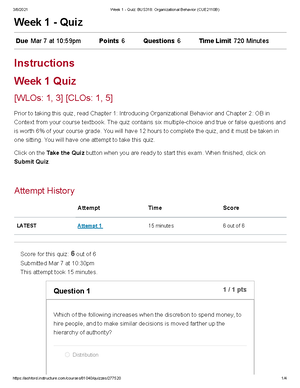 Week 2 - Quiz BUS318 Organizational Behavior (CUE2045A) - Week 2 - Quiz ...