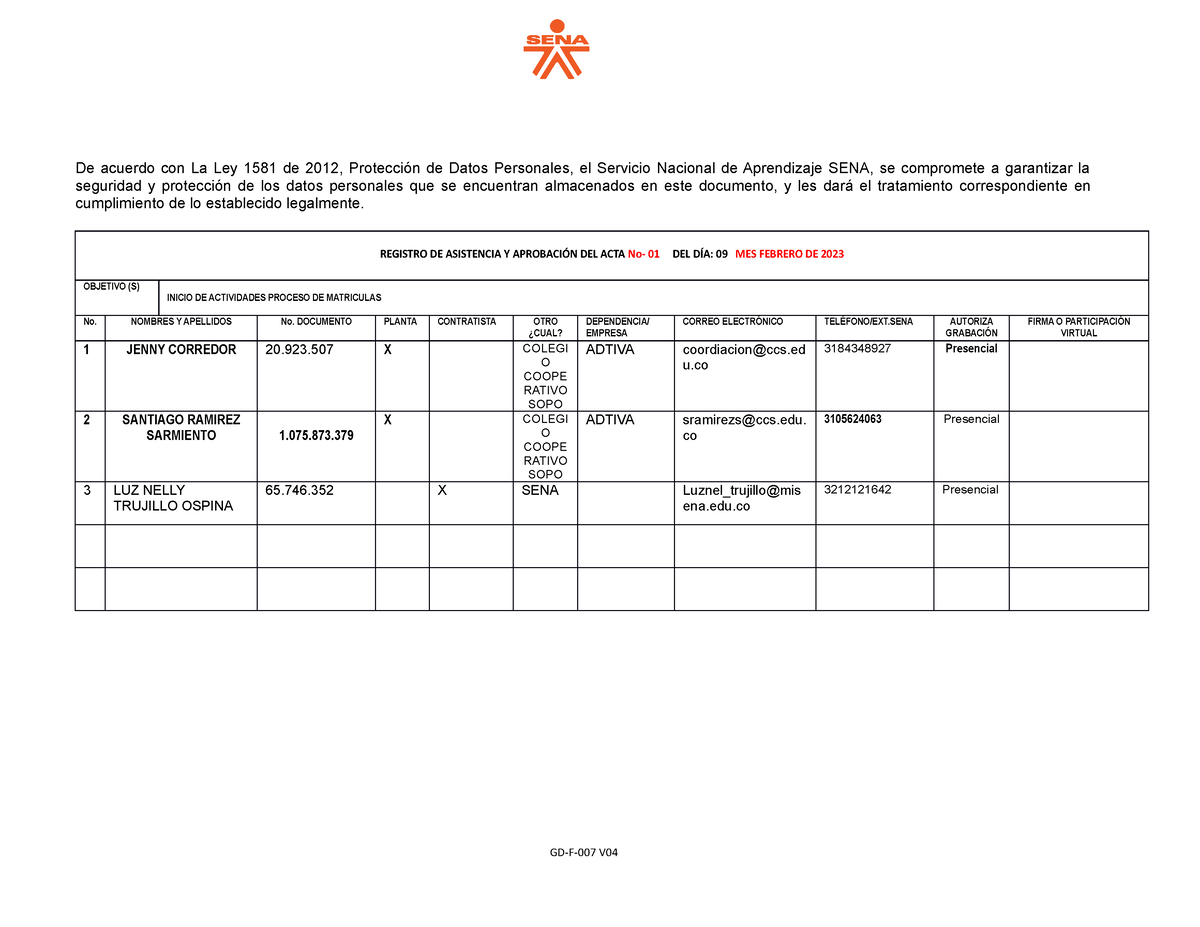 Acta No. 01 Inicio Proceso 09 02 2023 - De Acuerdo Con La Ley 1581 De ...