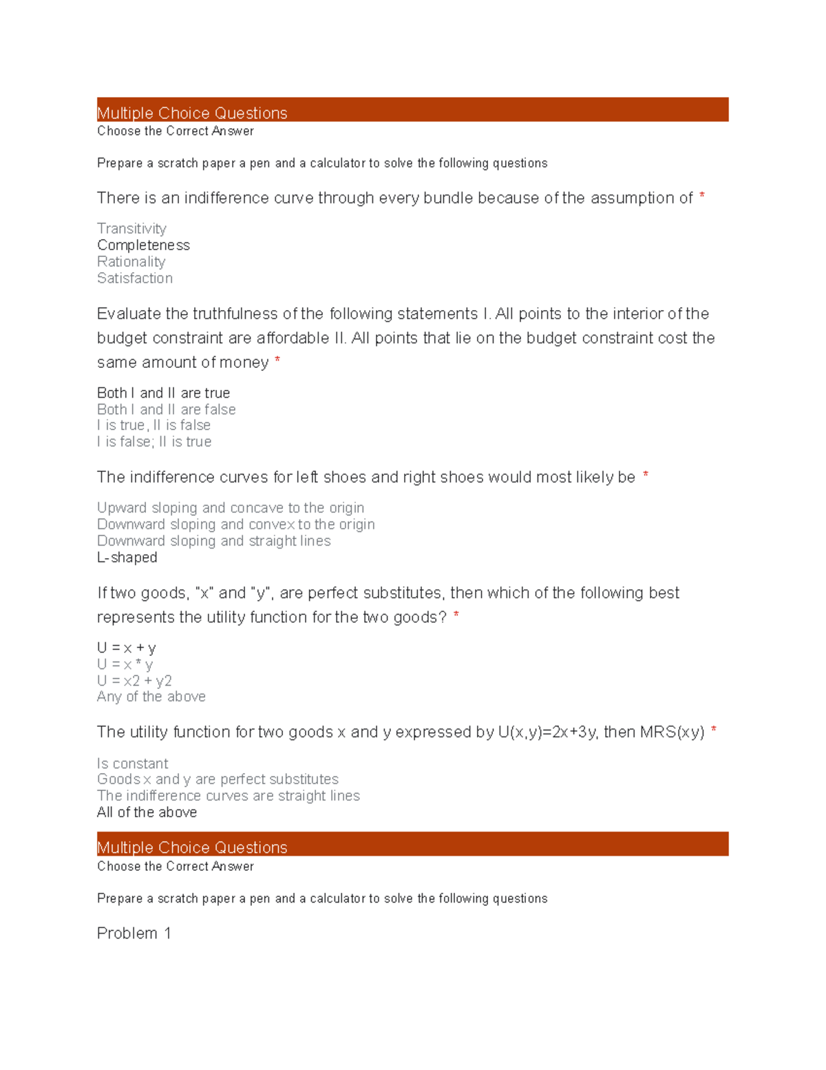 some Intermediate microeconomics exam questions 2 - Multiple Choice ...