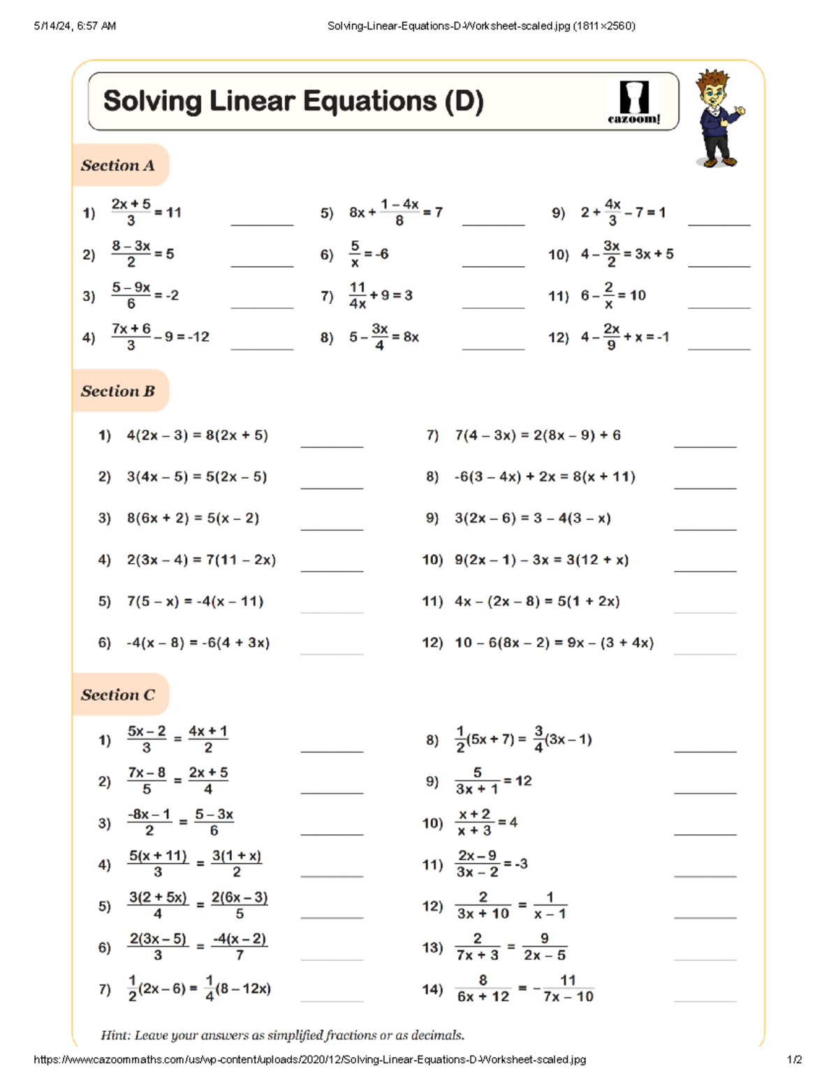 Solving Linear Equations D Worksheet scaled - 5/14/24, 6:57 AM - Studocu