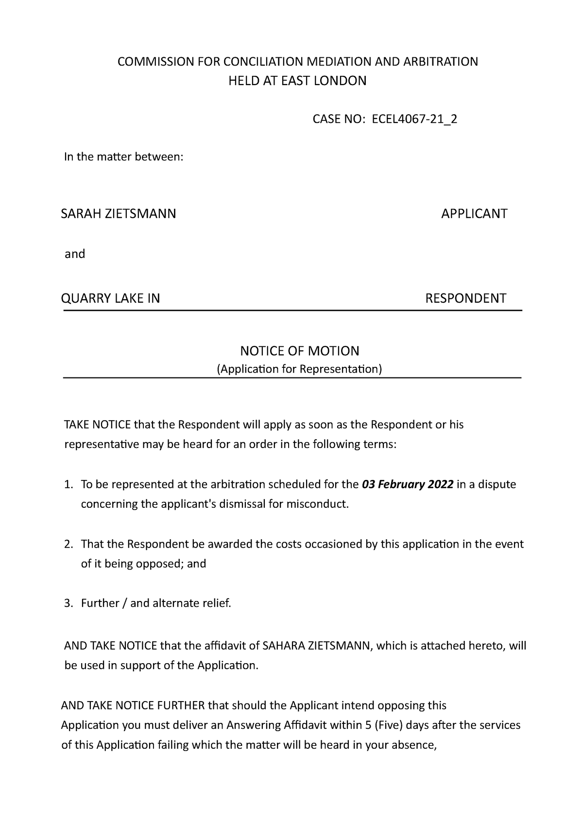 Notice of Motion (Application for Representation) Template COMMISSION