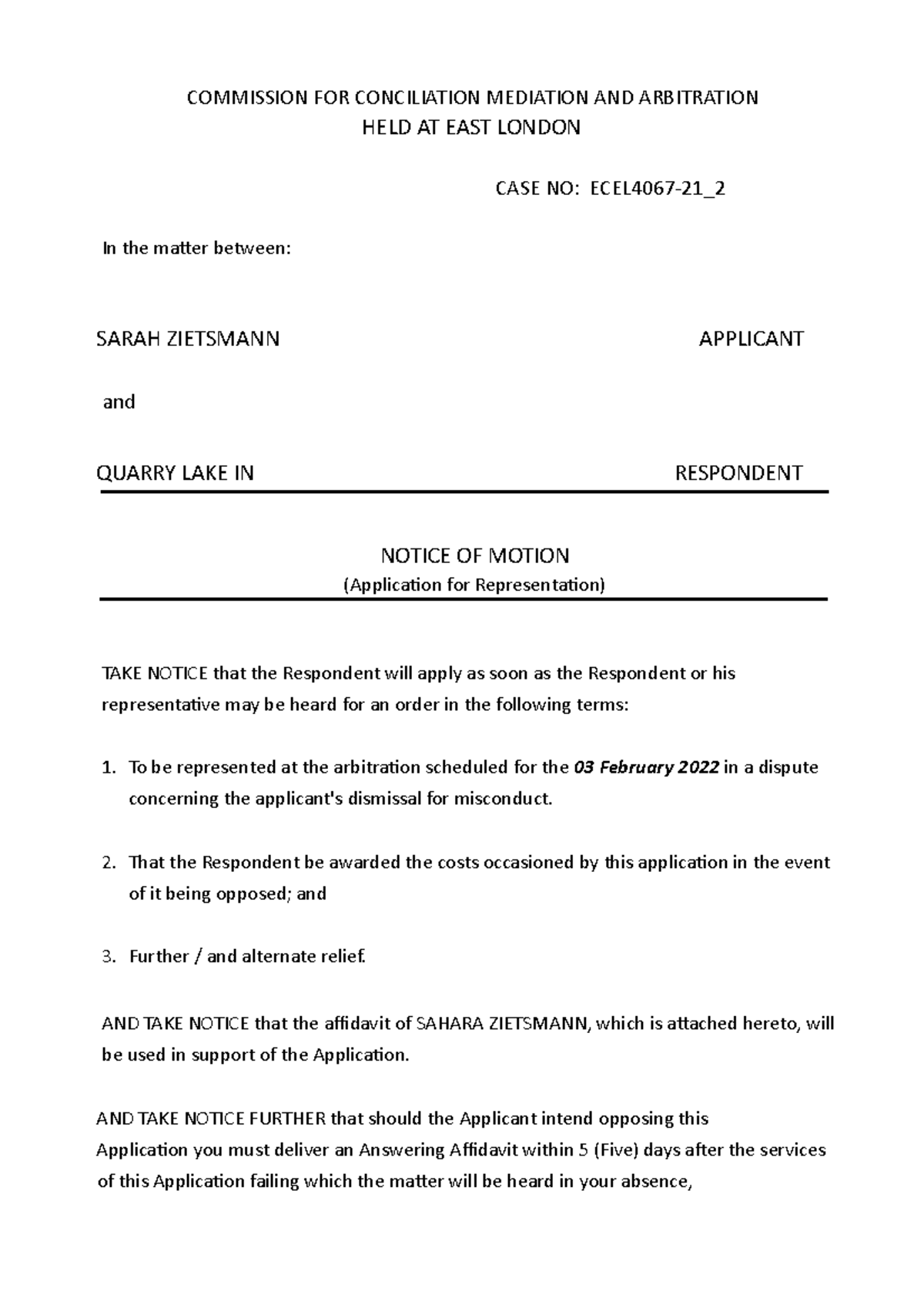 Notice of Motion (Application for Representation) Template COMMISSION