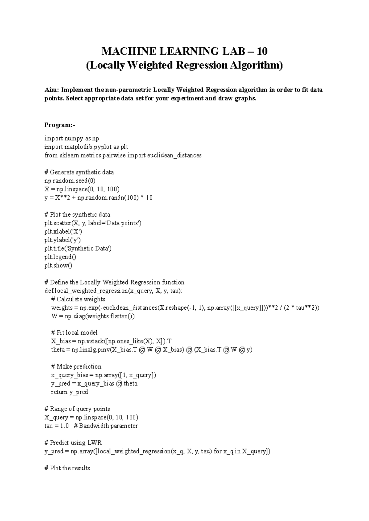 Ml10 By Its Clg Machine Learning Lab 10 Locally Weighted