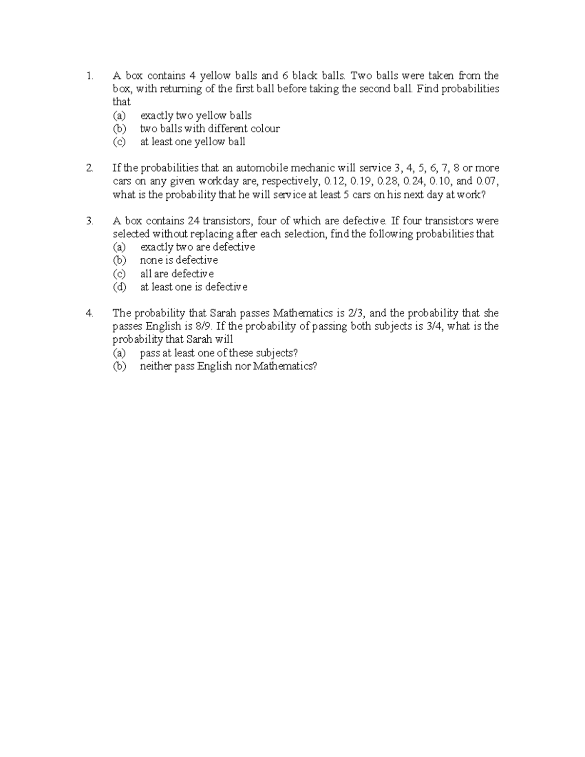 02prob Notes A box contains 4 yellow balls and 6 black balls. Two