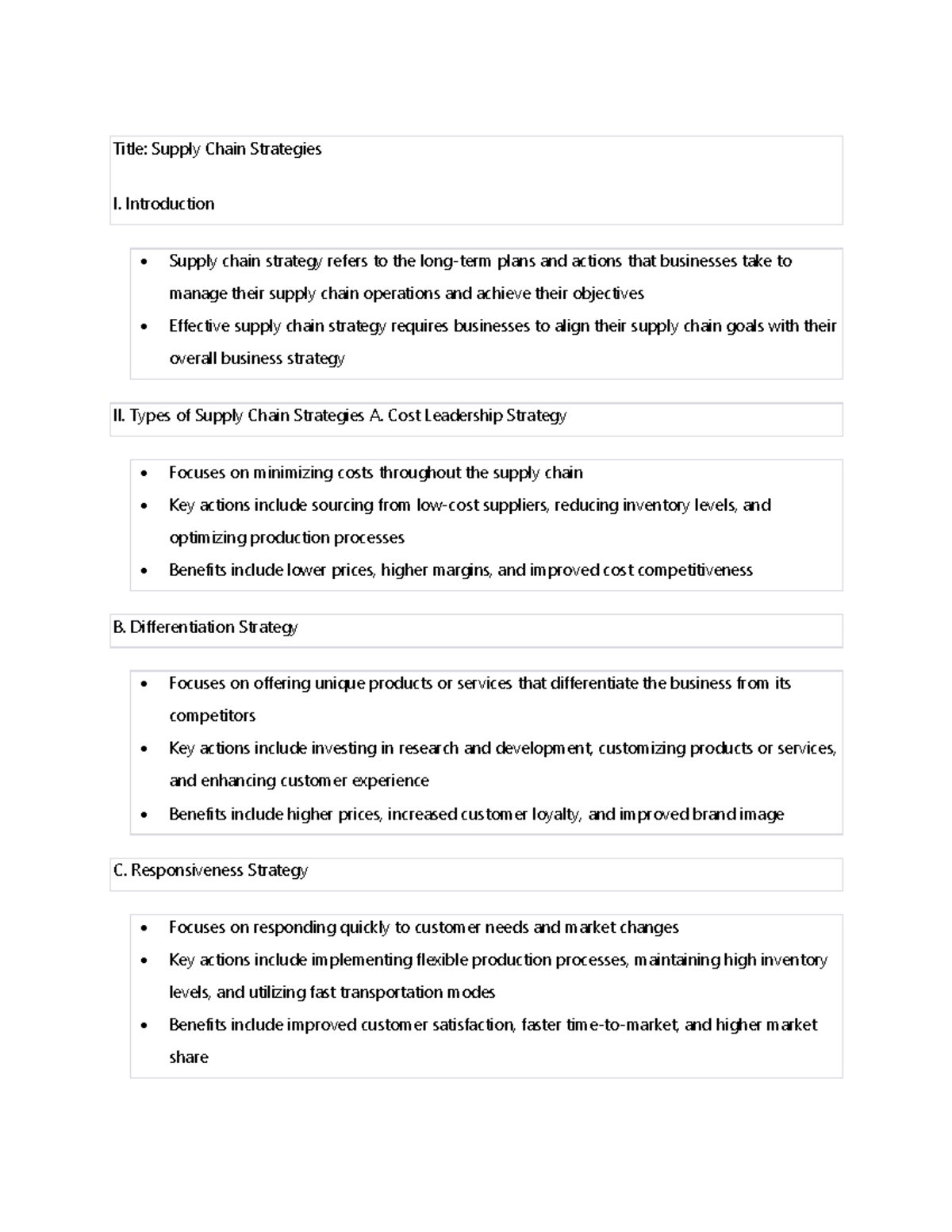 Supply Chain Strategy Notes Title Supply Chain Strategies I