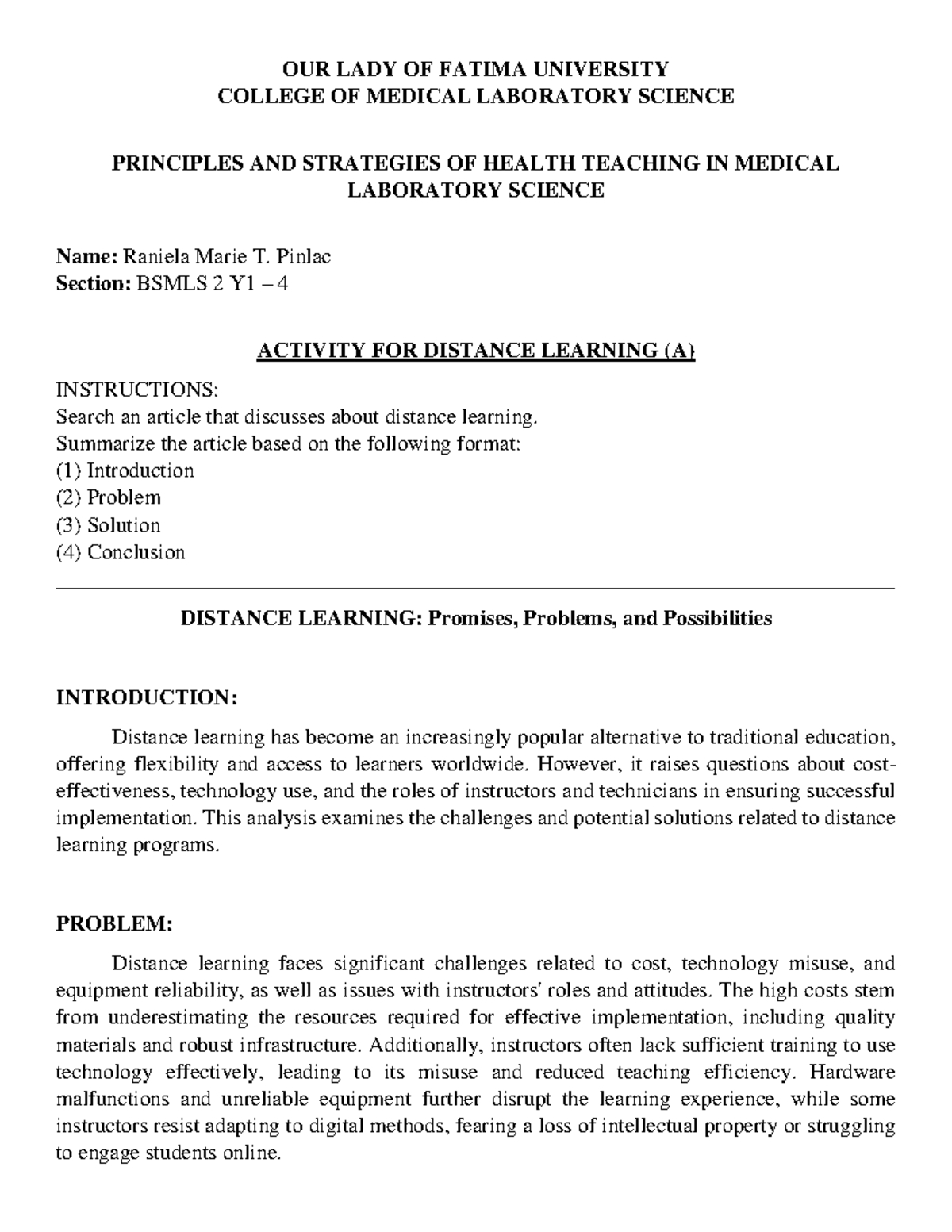 Pinlac - Week 13 Activity - OUR LADY OF FATIMA UNIVERSITY COLLEGE OF ...