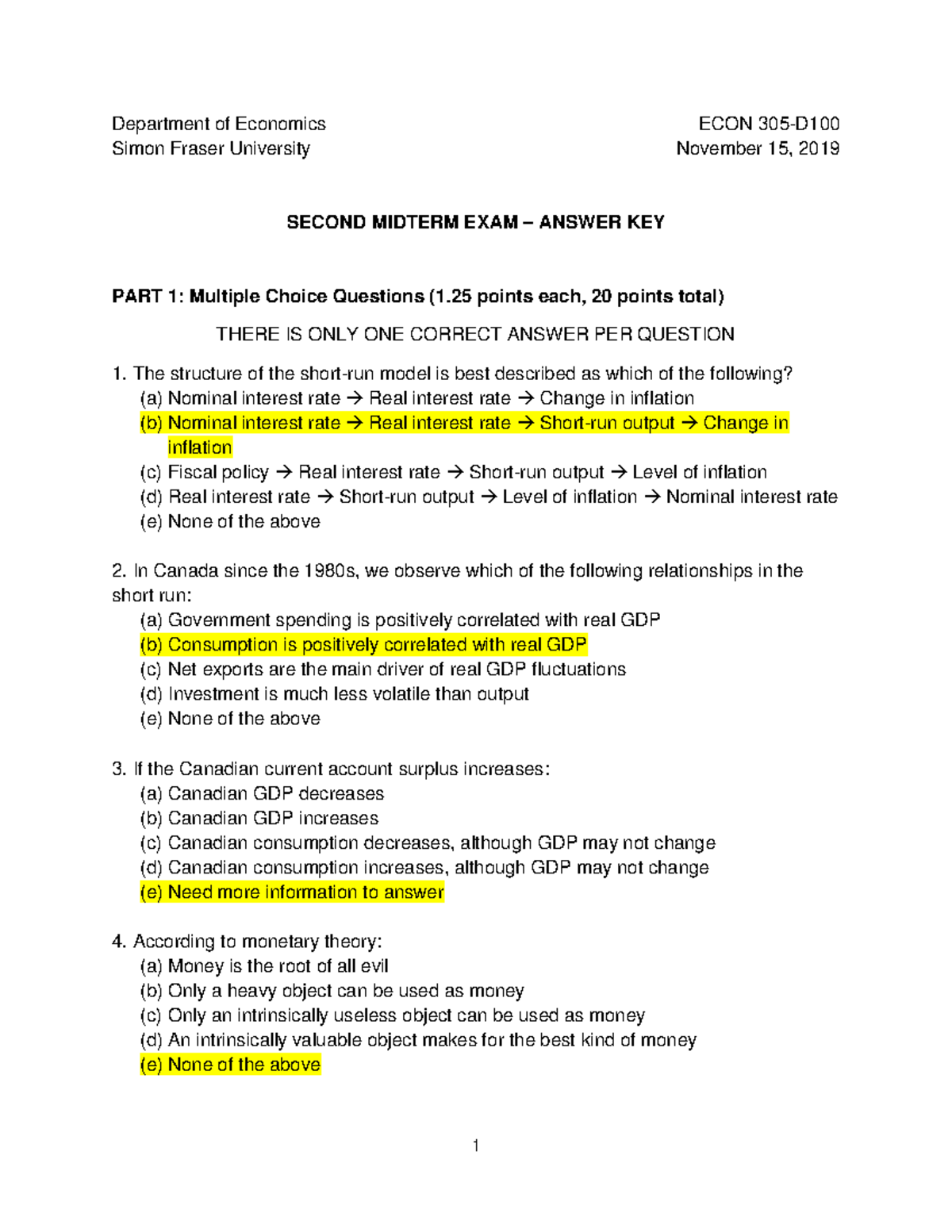 2019-3 Midterm 2 AK - Exam Answer - Department Of Economics ECON 305-D ...