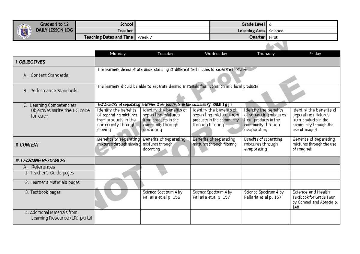 Quarter 1 Week 7 - daily lesson log - Grades 1 to 12 DAILY LESSON LOG ...