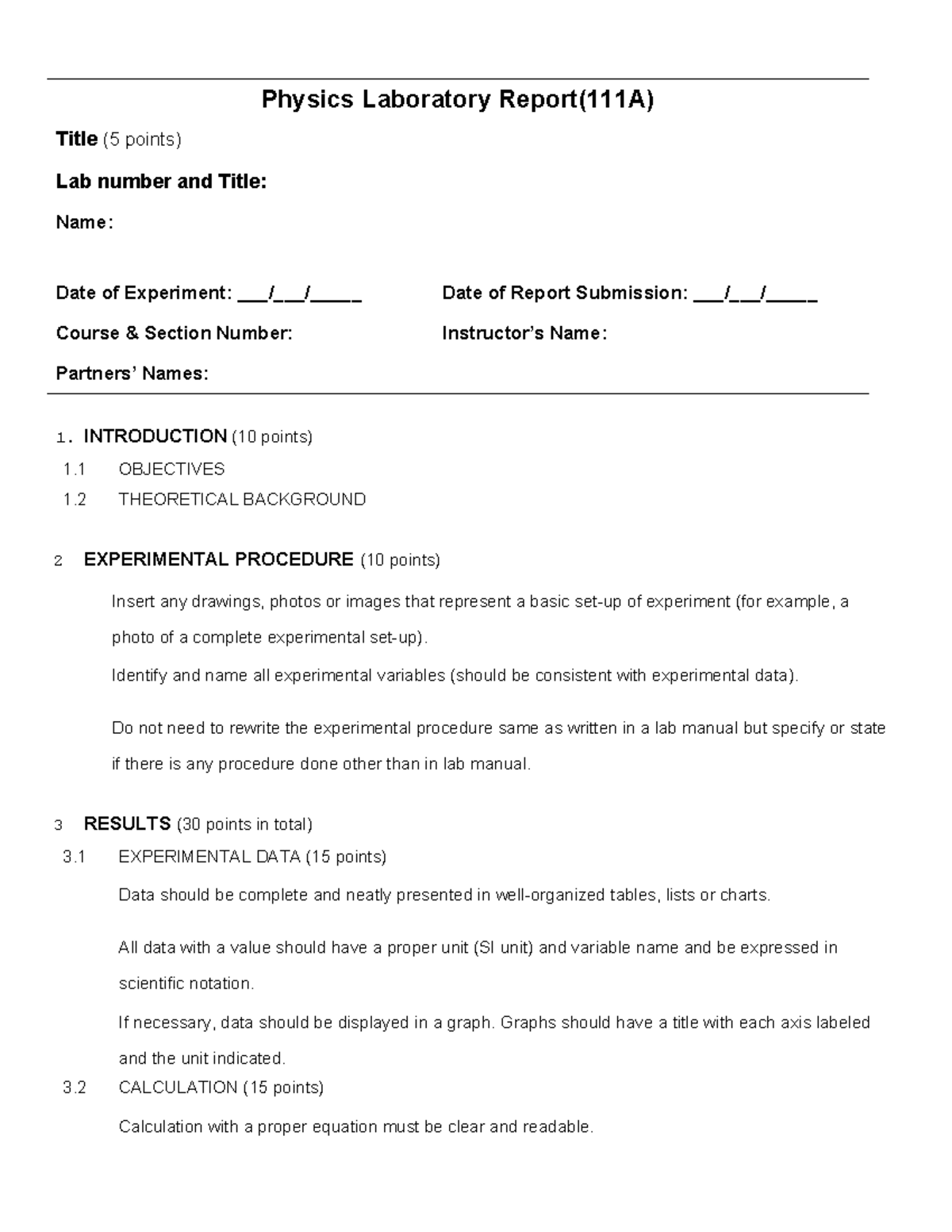 Lab report template - Physics Laboratory Report(111A) Title (5 points ...