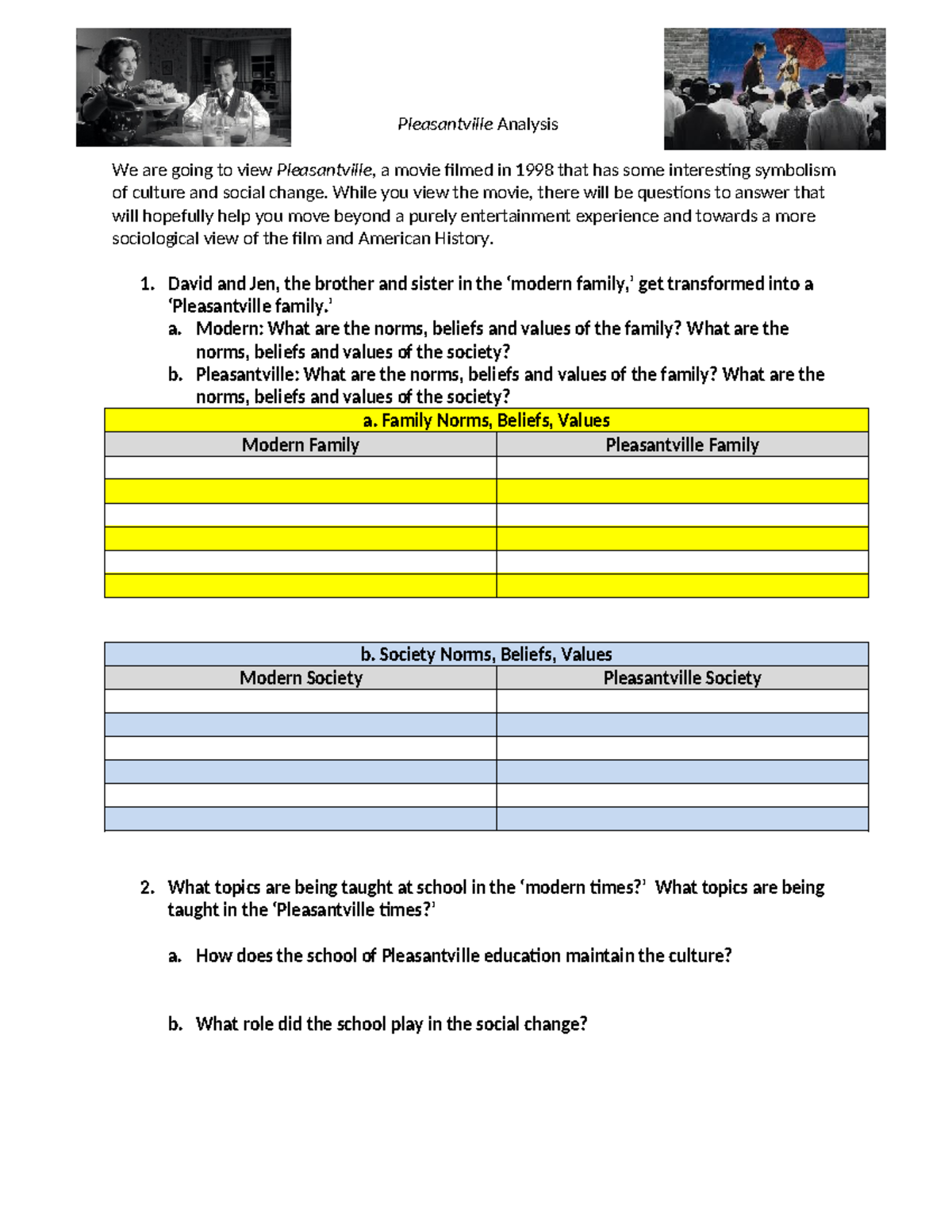 Pleasantville Analysis While you view the movie, there will be
