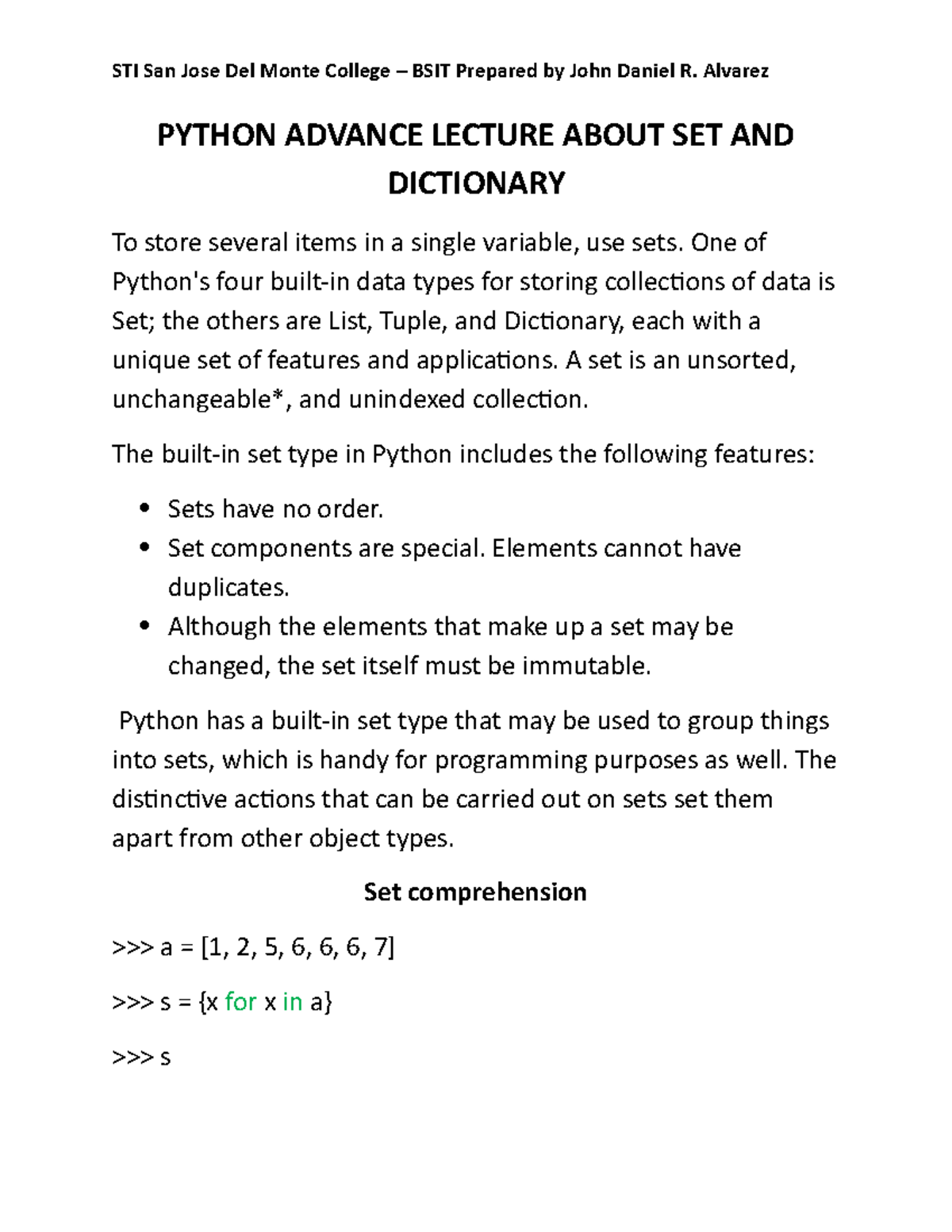 Python Advance Lecture About Set And Dictionary Python Advance Lecture About Set And